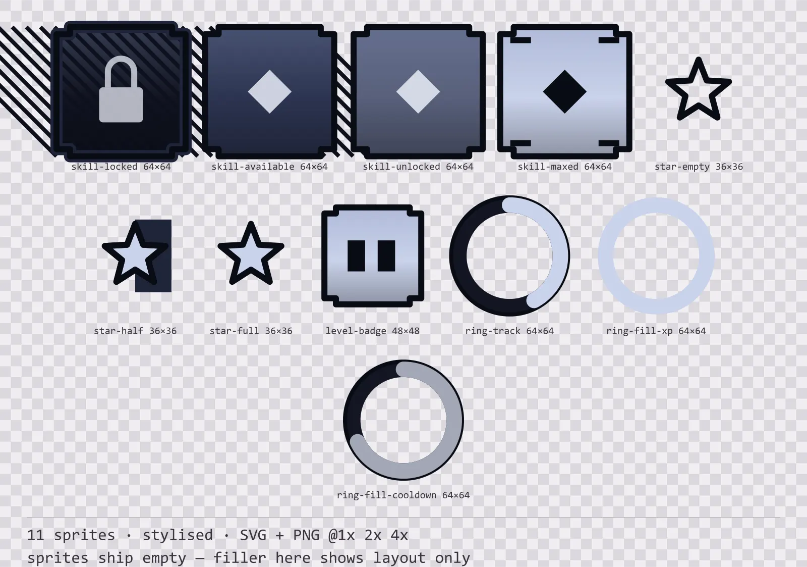 Sheet showing 11 stylised progression and reward components from the Reliquary family, arranged on a transparency checkerboard with their pixel sizes printed underneath