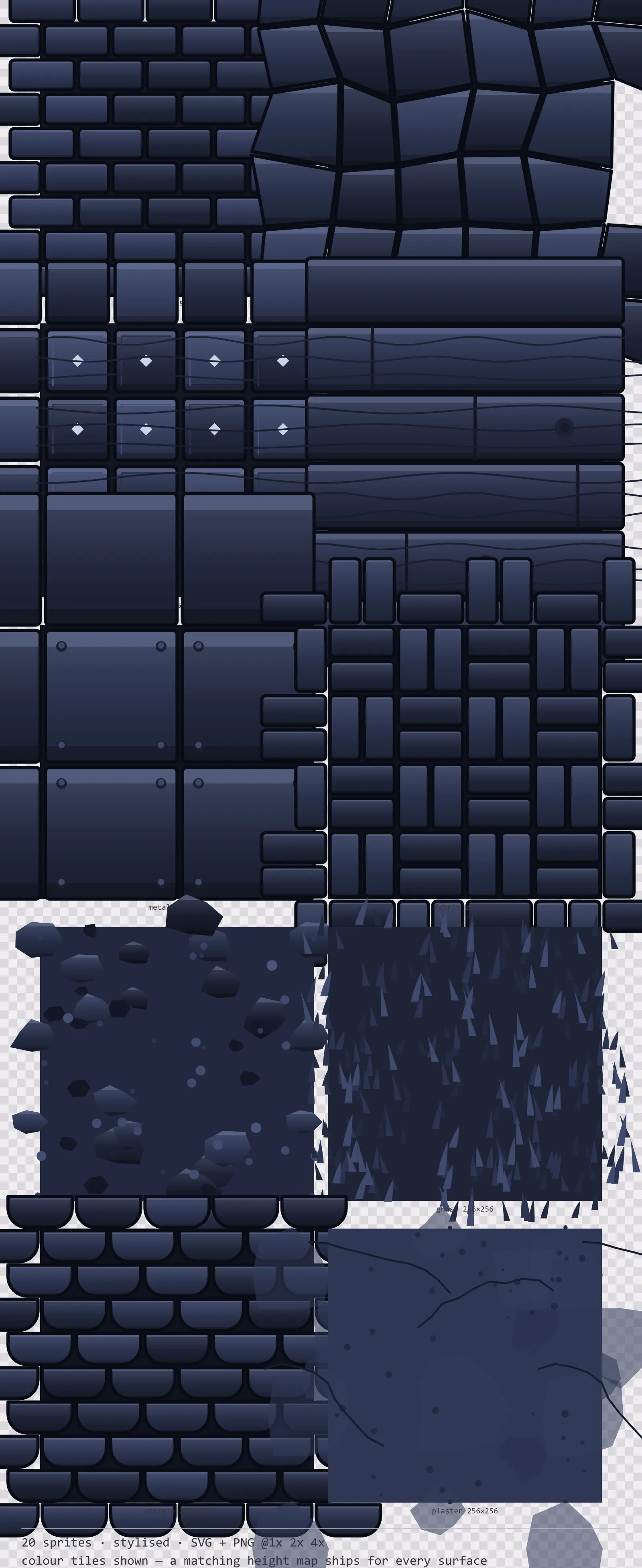 Sheet showing 20 stylised tiling surface textures from the Reliquary family, arranged on a transparency checkerboard with their pixel sizes printed underneath