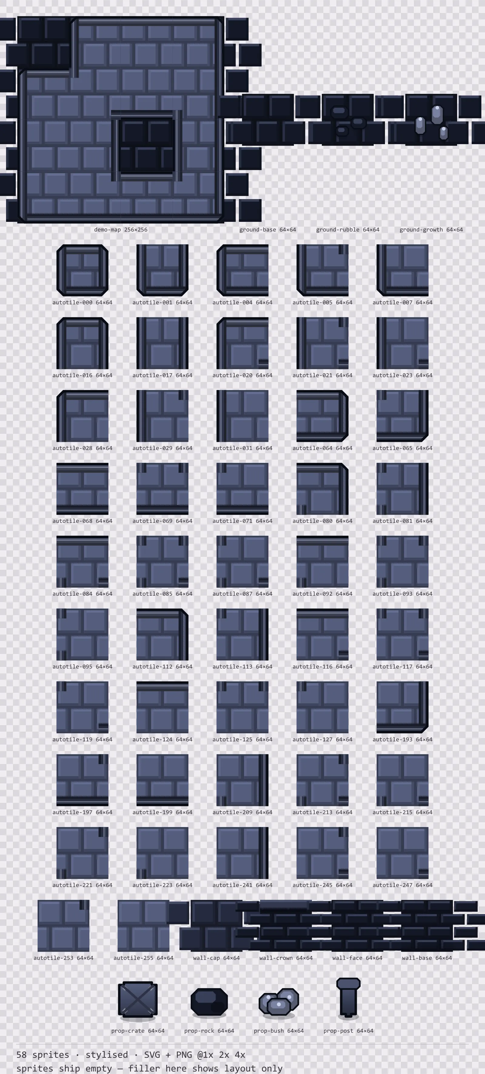 Sheet showing 58 stylised tiles from the Reliquary family, arranged on a transparency checkerboard with their pixel sizes printed underneath