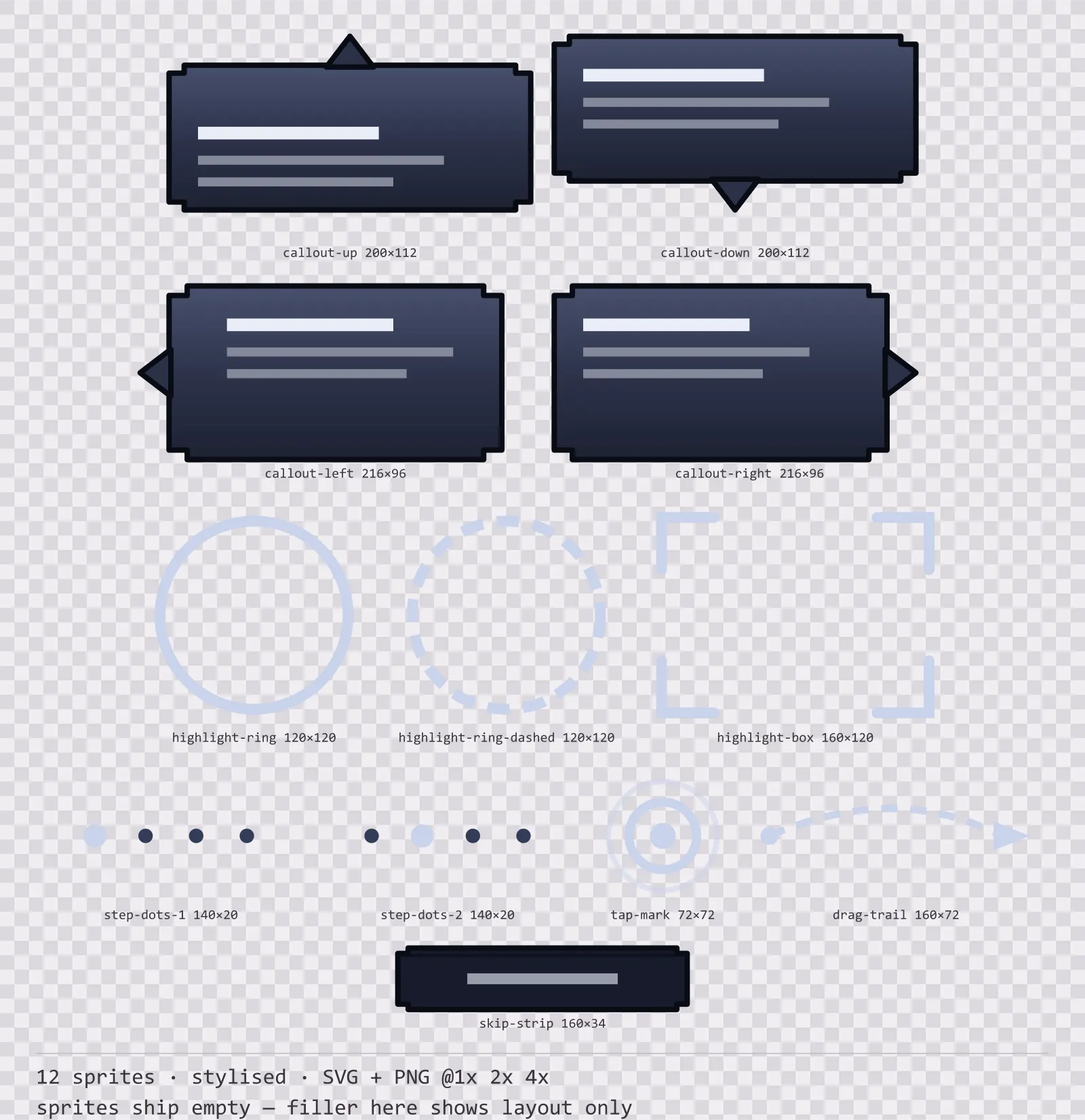 Sheet showing 12 stylised tutorial and onboarding markers from the Reliquary family, arranged on a transparency checkerboard with their pixel sizes printed underneath