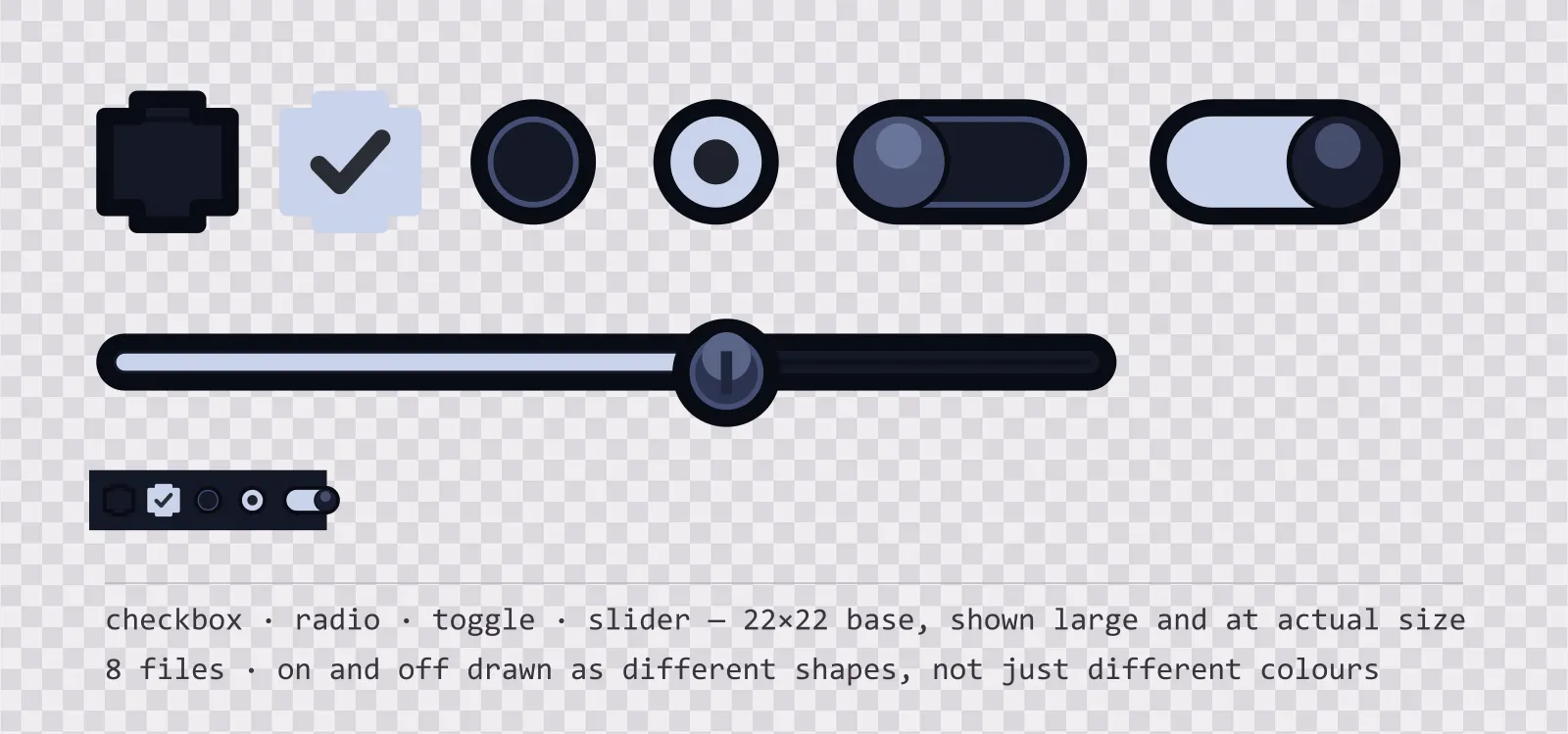 Game settings controls on a checkerboard background — an empty and a ticked checkbox, an unselected and a selected radio button, a toggle switch shown off and on, and a slider track with its knob
