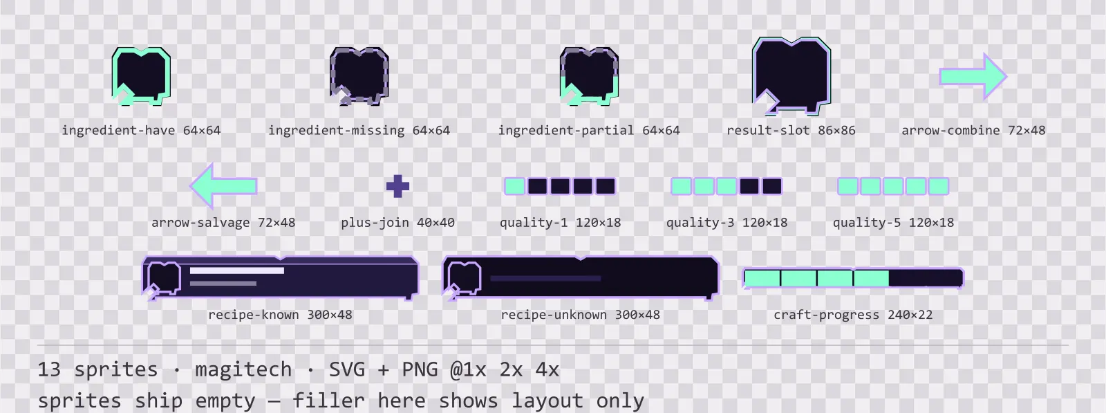 Sheet showing 13 magitech crafting and recipe widgets from the Runeforge family, arranged on a transparency checkerboard with their pixel sizes printed underneath