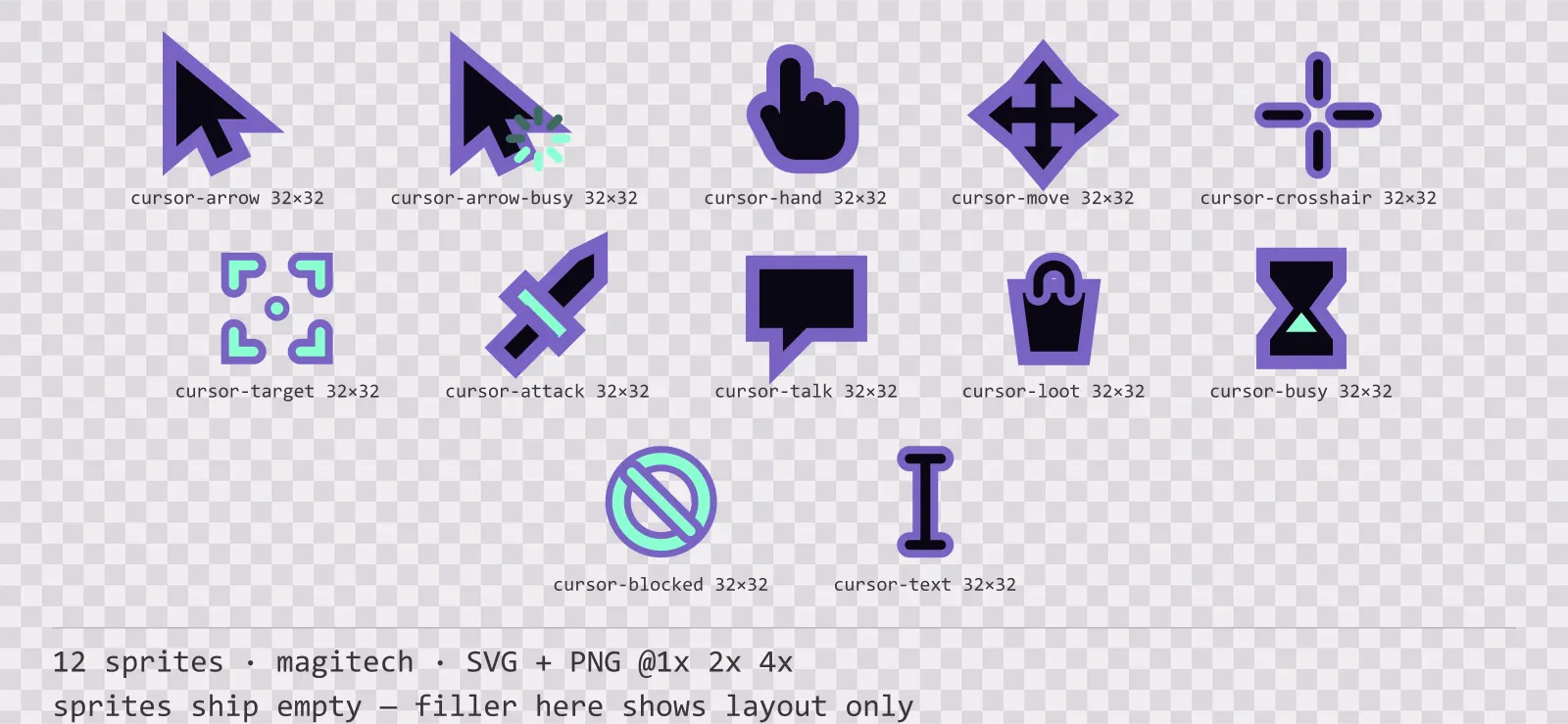 Sheet showing 12 magitech mouse cursors from the Runeforge family, arranged on a transparency checkerboard with their pixel sizes printed underneath