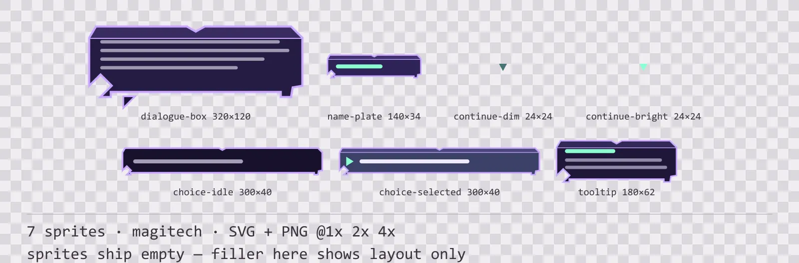 Sheet showing 7 magitech dialogue components from the Runeforge family, arranged on a transparency checkerboard with their pixel sizes printed underneath