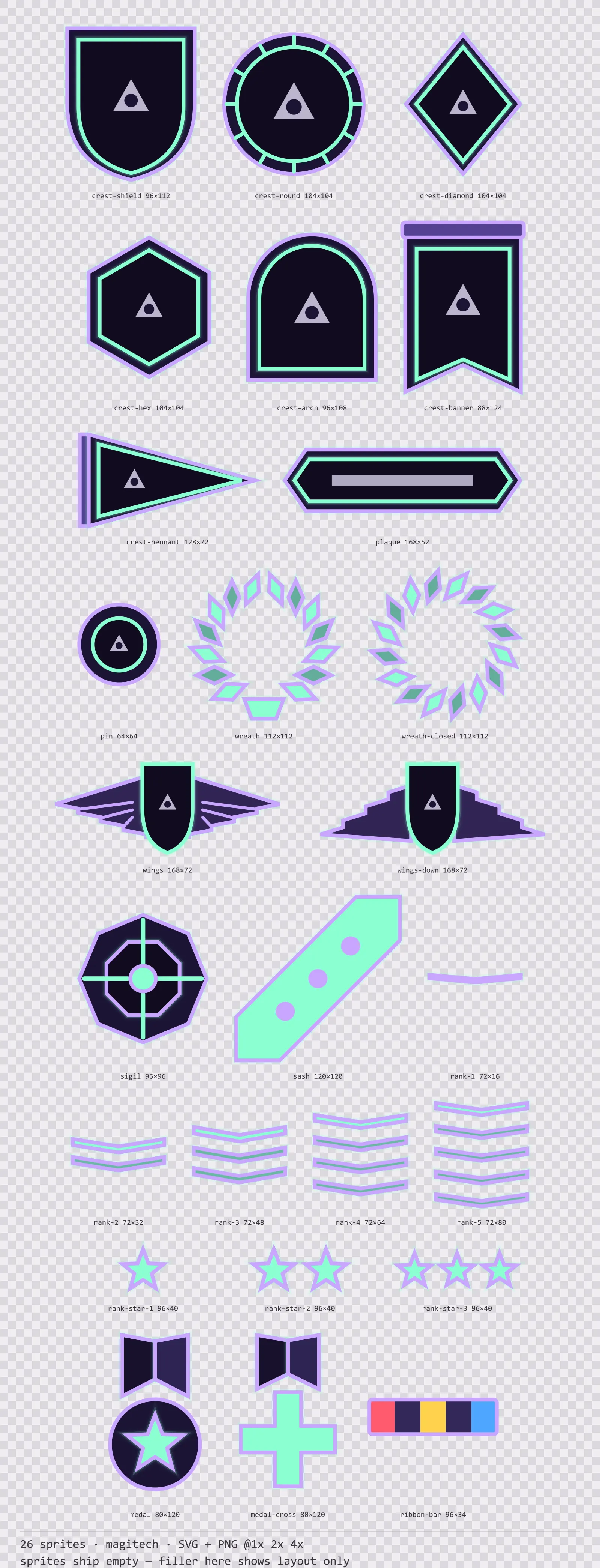 Sheet showing 26 magitech crests, insignia and rank marks from the Runeforge family, arranged on a transparency checkerboard with their pixel sizes printed underneath