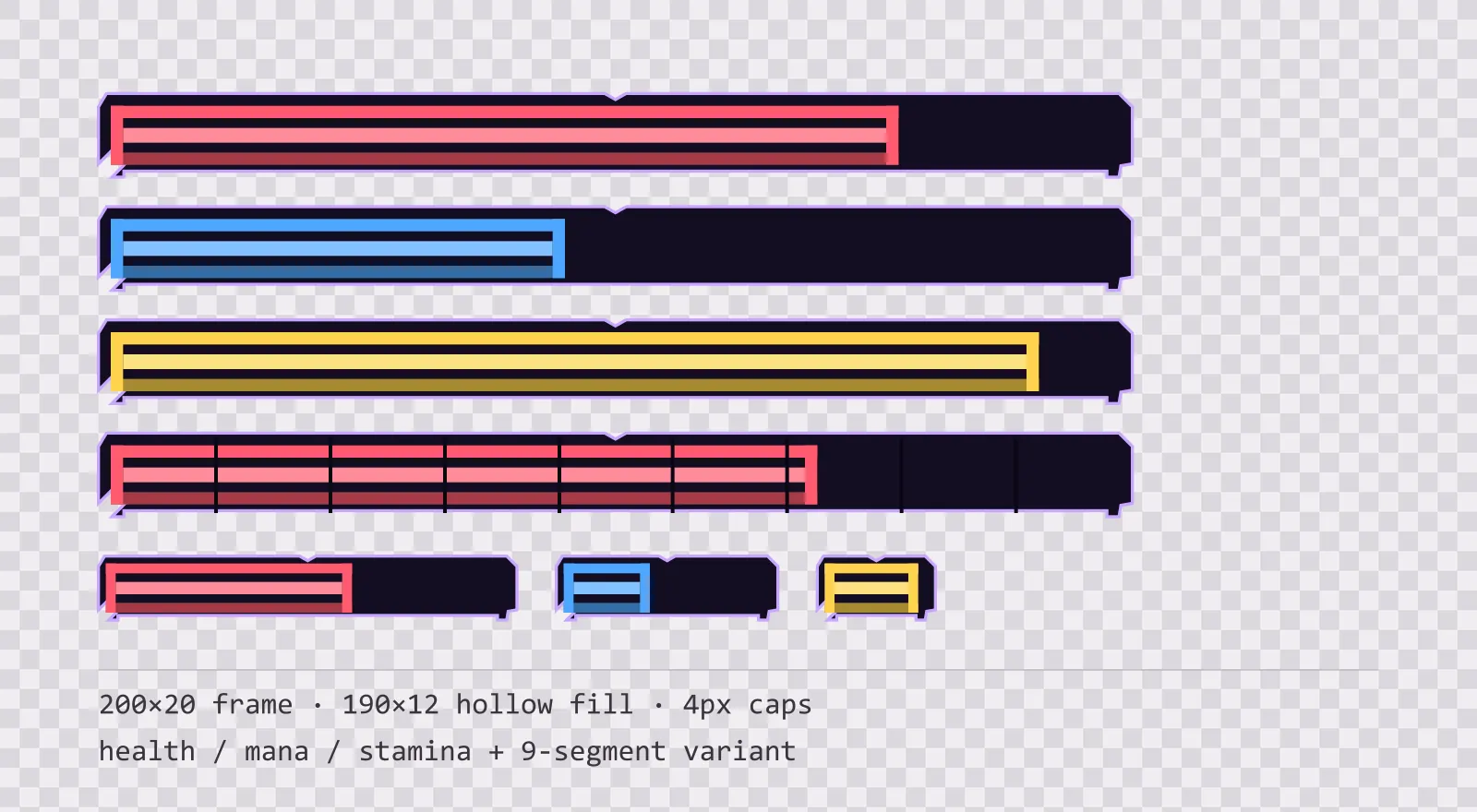 Three horizontal game status bars stacked on a checkerboard background, filled to different levels for health, mana and stamina, with a segmented 9-notch bar and three smaller bars beneath them