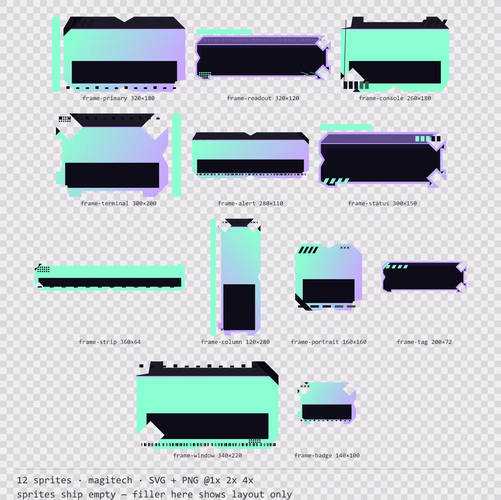 Sheet showing 12 magitech HUD frames from the Runeforge family, arranged on a transparency checkerboard with their pixel sizes printed underneath