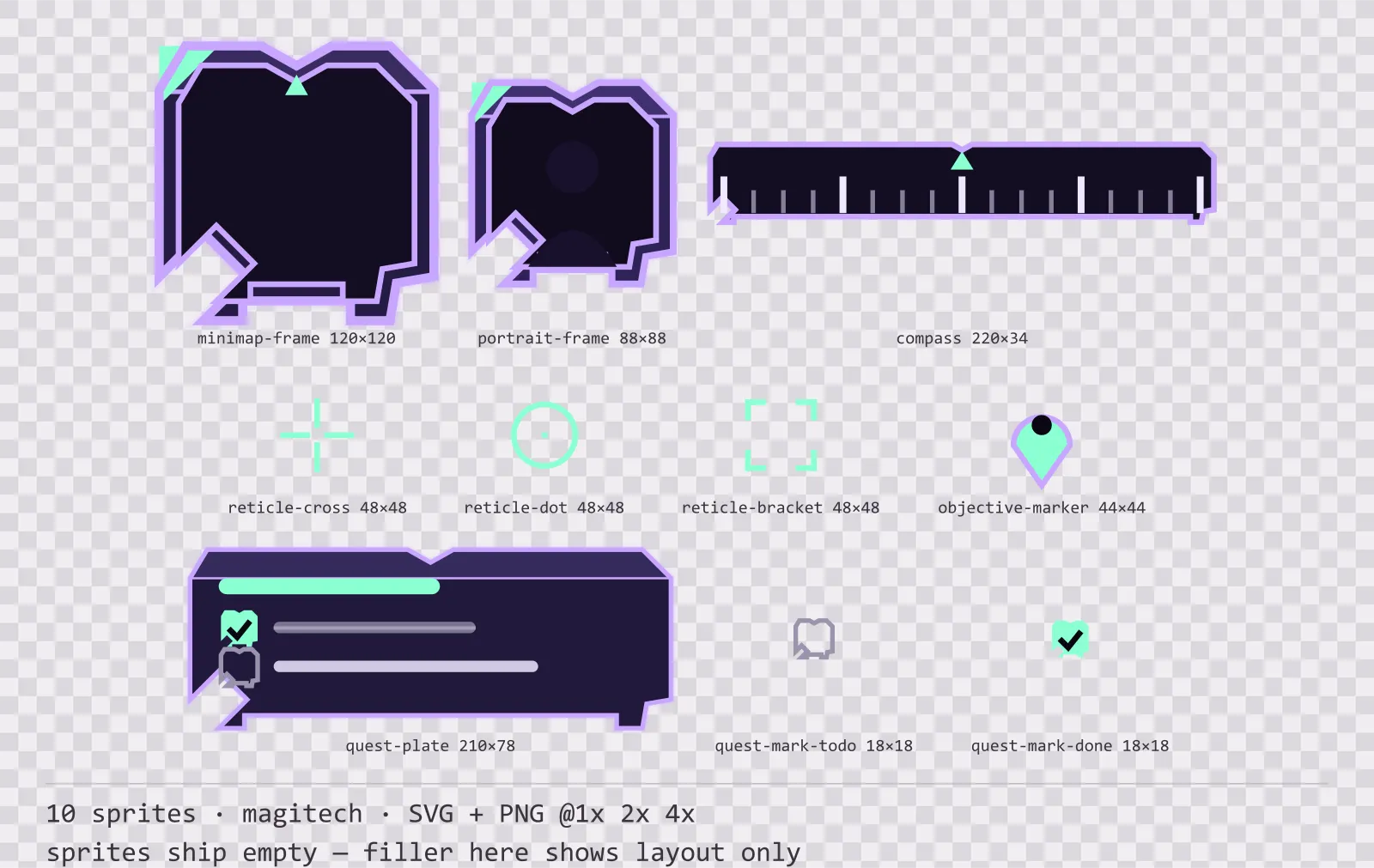 Sheet showing 10 magitech heads-up display frames from the Runeforge family, arranged on a transparency checkerboard with their pixel sizes printed underneath
