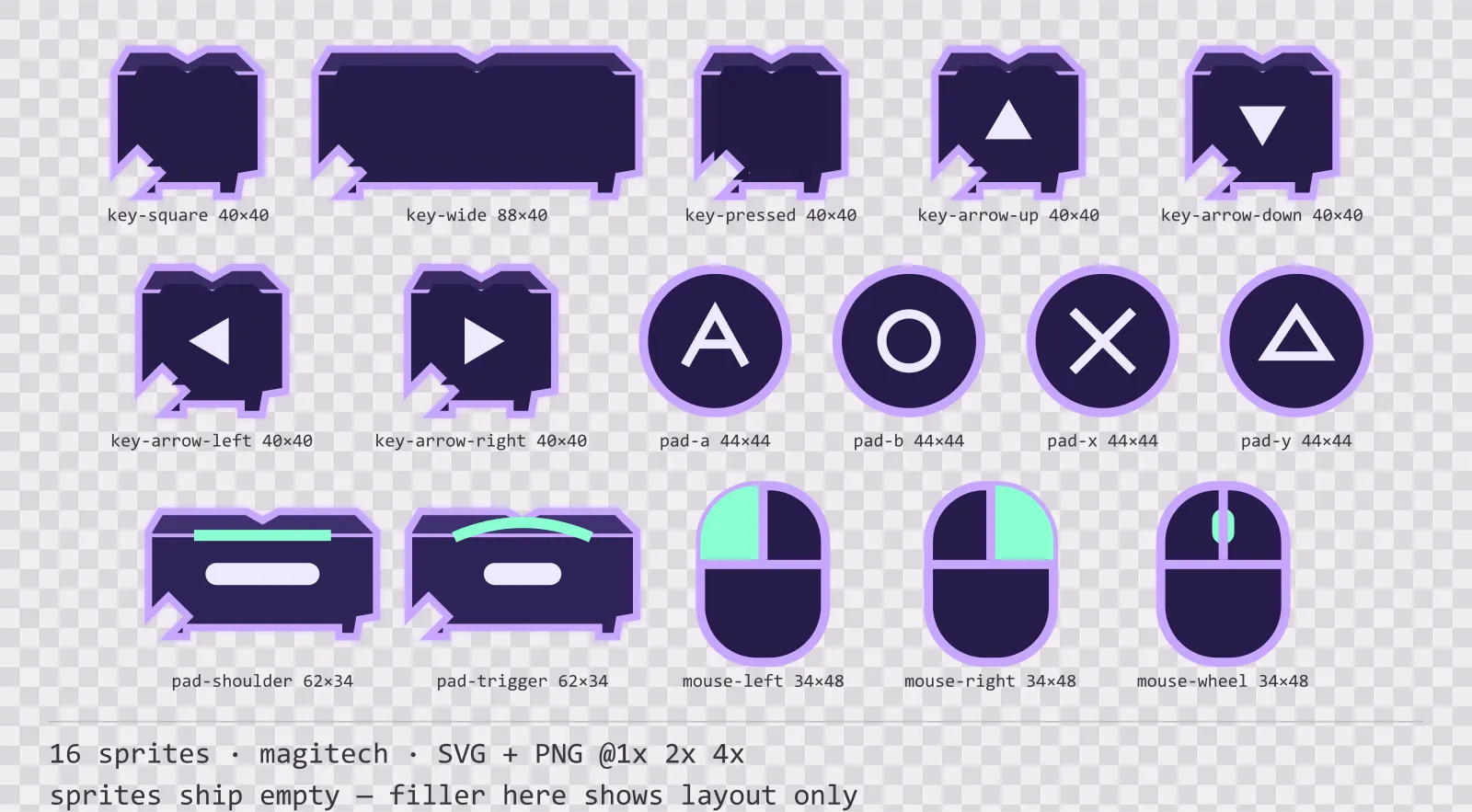 Sheet showing 16 magitech input prompt sprites from the Runeforge family, arranged on a transparency checkerboard with their pixel sizes printed underneath