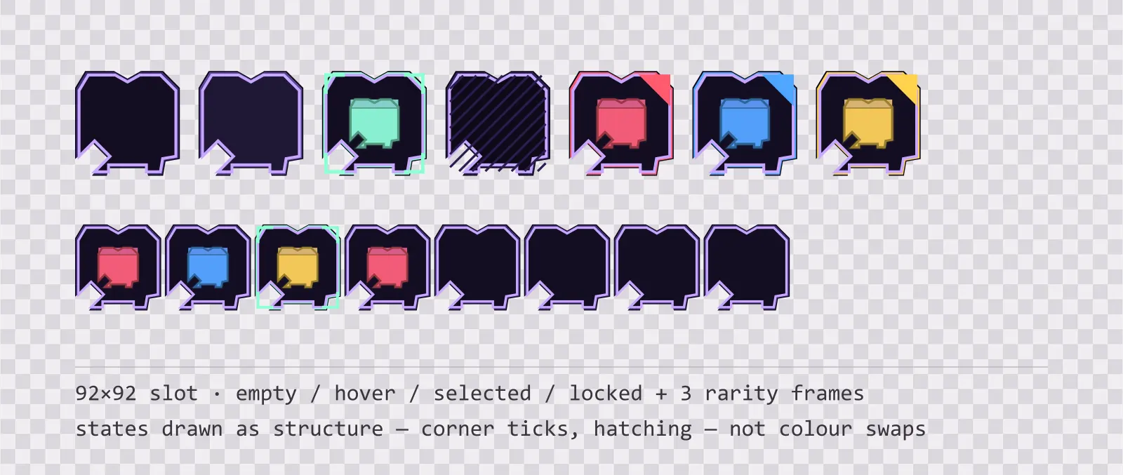 A row of square game inventory slots on a checkerboard background showing empty, hover, selected with corner ticks, and diagonally hatched locked states, followed by coloured rarity frames and a tiled eight-slot grid
