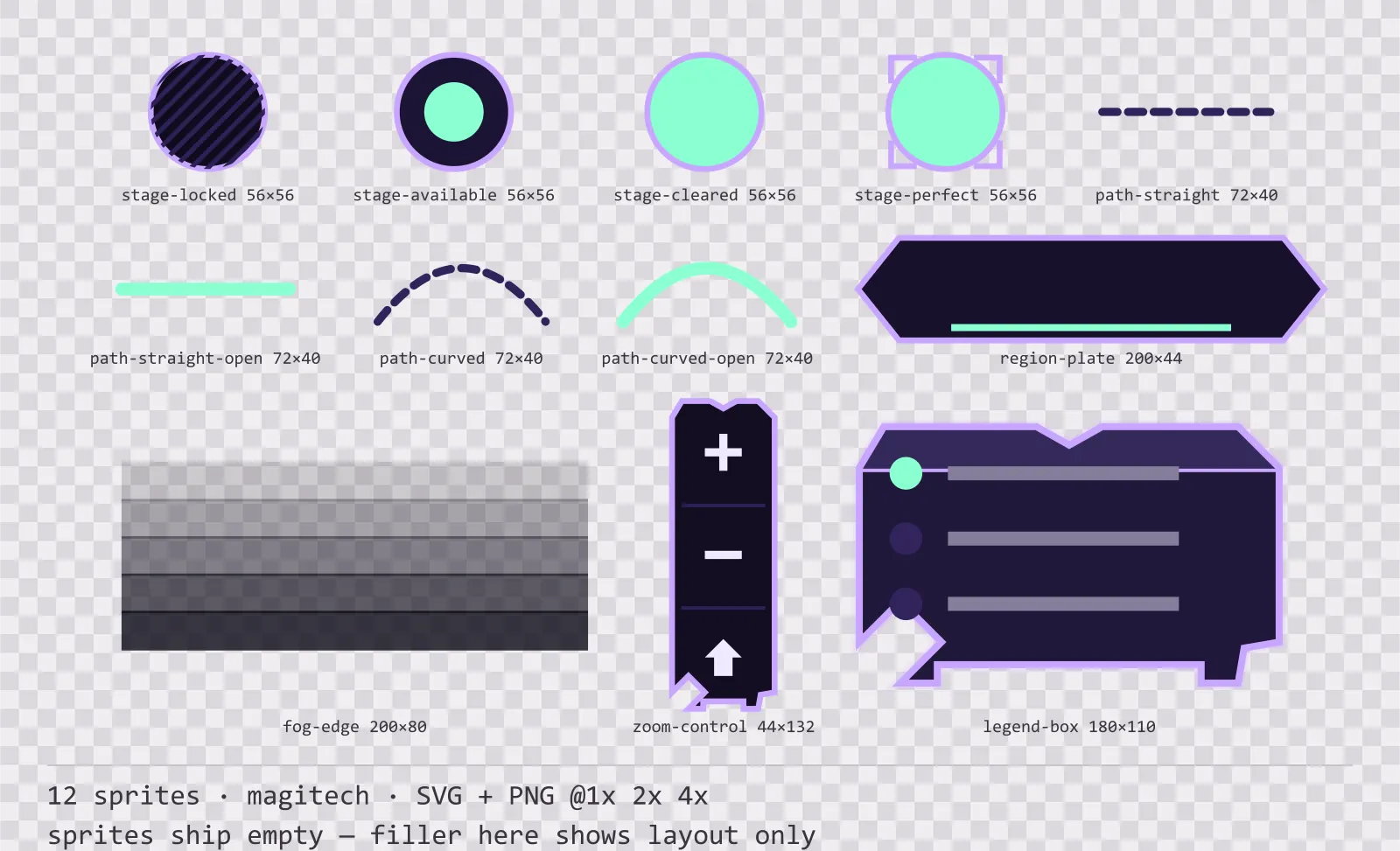 Blatt mit 12 Levelauswahl- und Weltkartenteile (Magitech) aus der Familie Runeforge, angeordnet auf einem Transparenz-Schachbrett, mit den Pixelmaßen darunter