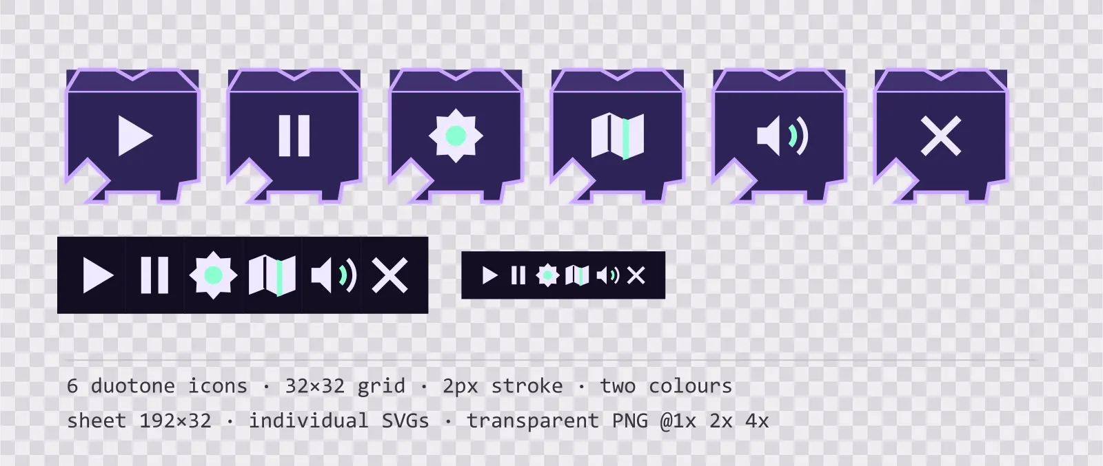 Six two-tone game menu icons on rune light tiles, shown large, laid out on a sheet grid, and again at actual 32 pixel size