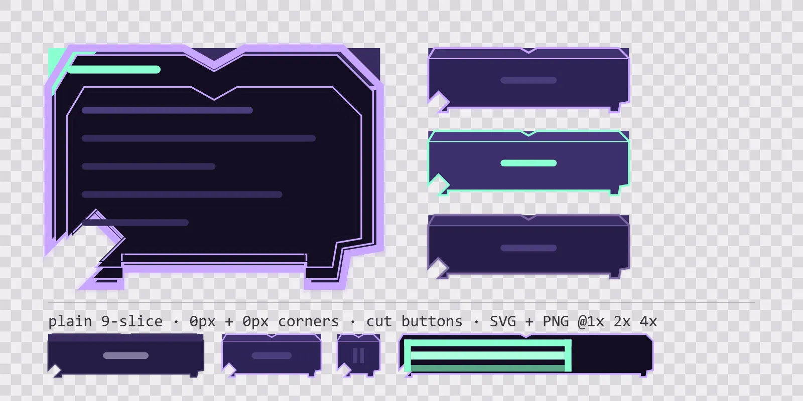 rune light game menu panel with a spell mint title strip and a recessed list area, next to a column showing the same chamfered button in default, outlined hover and pushed-in pressed states