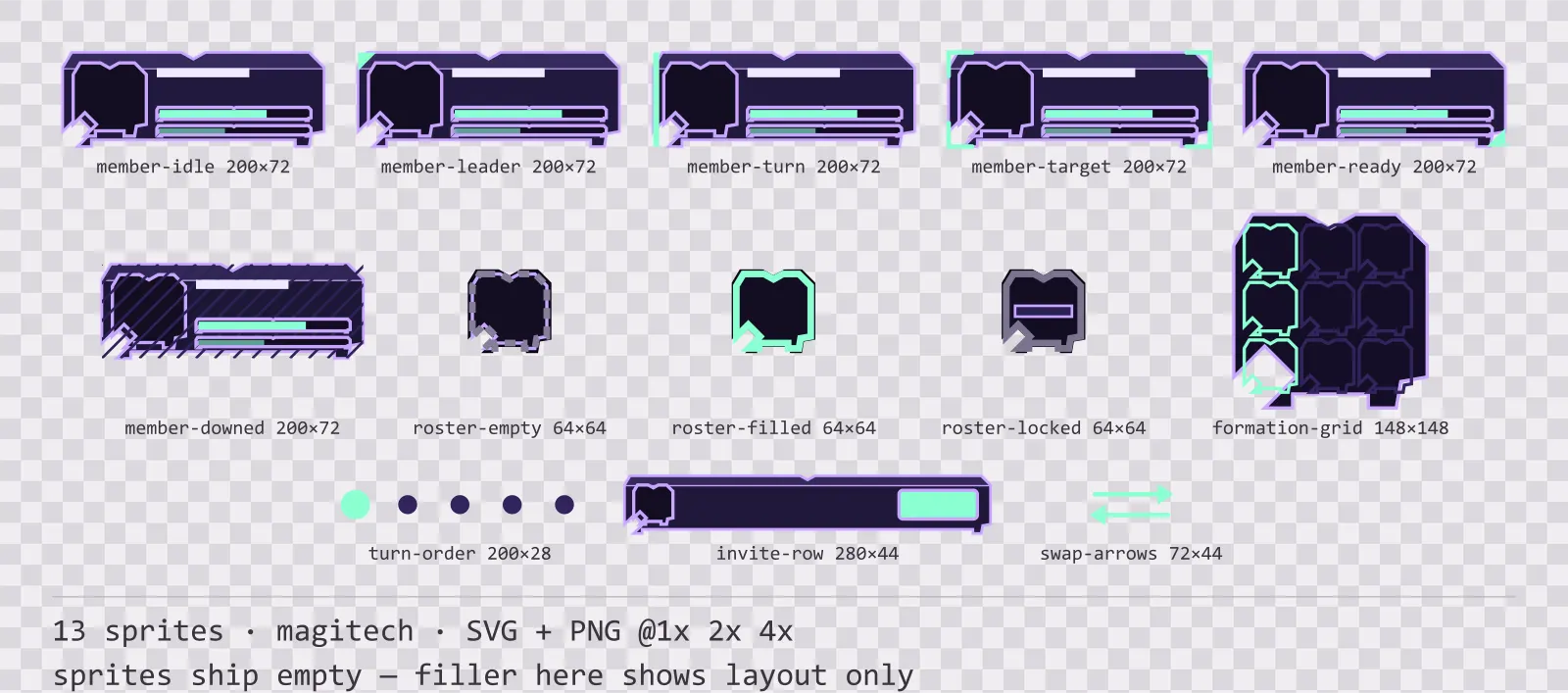 Sheet showing 13 magitech party and roster widgets from the Runeforge family, arranged on a transparency checkerboard with their pixel sizes printed underneath