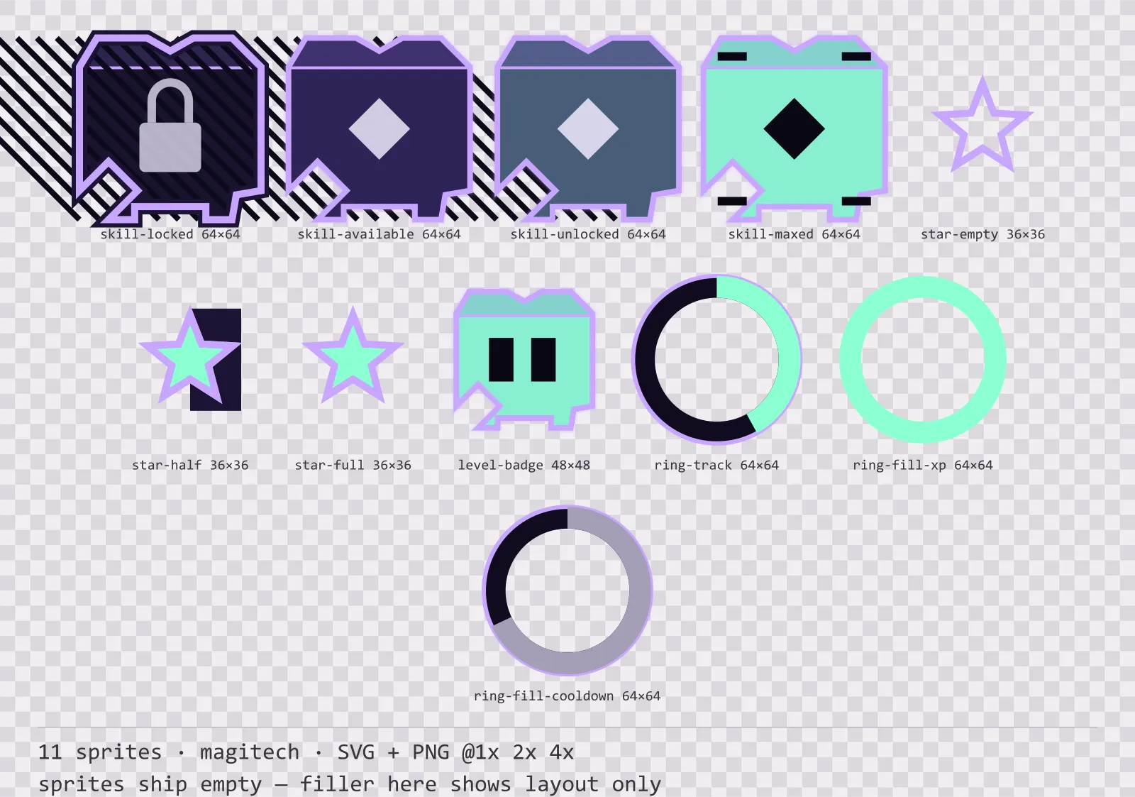 Sheet showing 11 magitech progression and reward components from the Runeforge family, arranged on a transparency checkerboard with their pixel sizes printed underneath