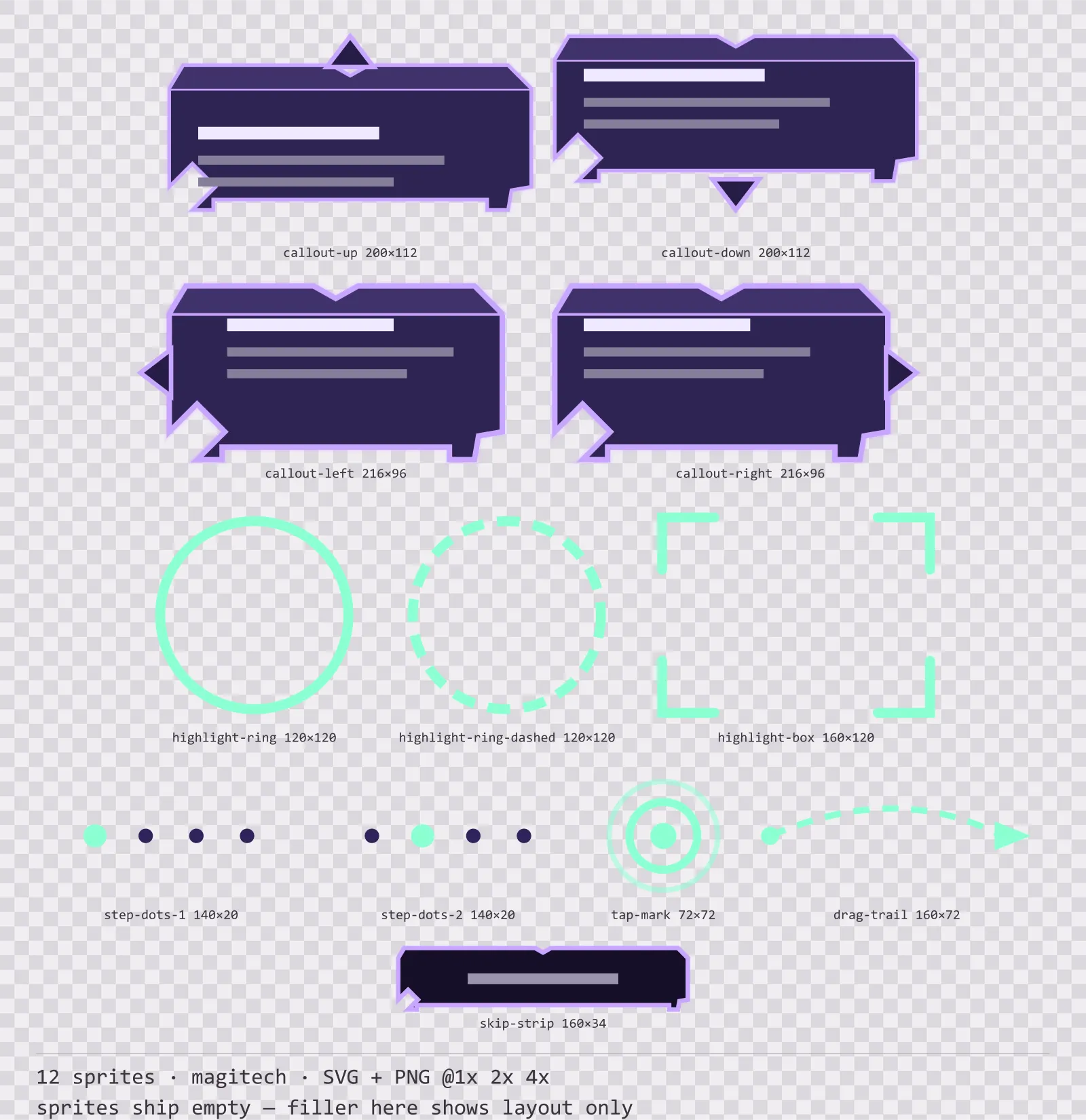 Sheet showing 12 magitech tutorial and onboarding markers from the Runeforge family, arranged on a transparency checkerboard with their pixel sizes printed underneath