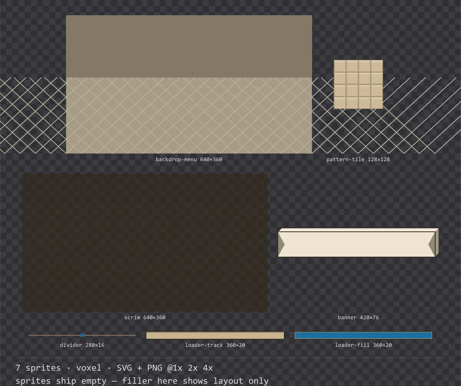 Sheet showing 7 voxel background and overlay pieces from the Sandbox family, arranged on a transparency checkerboard with their pixel sizes printed underneath