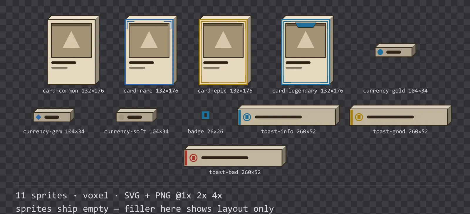 Sheet showing 11 voxel card, currency and notification components from the Sandbox family, arranged on a transparency checkerboard with their pixel sizes printed underneath