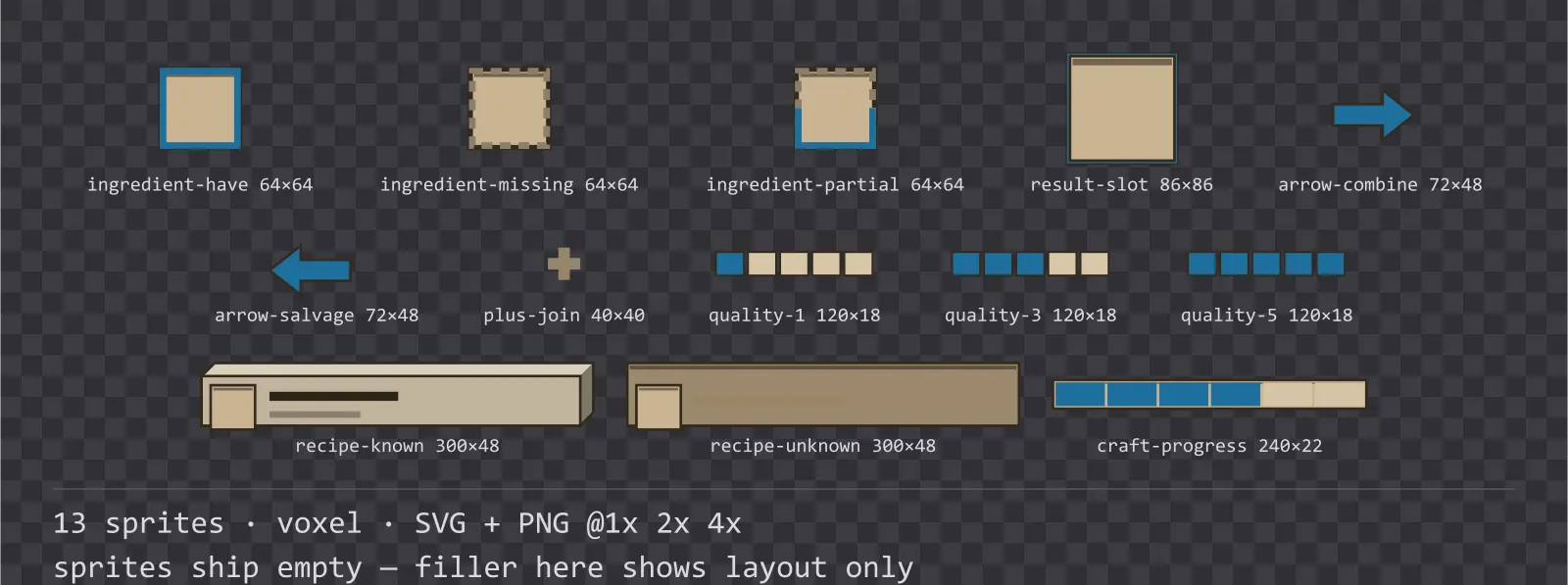 Sheet showing 13 voxel crafting and recipe widgets from the Sandbox family, arranged on a transparency checkerboard with their pixel sizes printed underneath