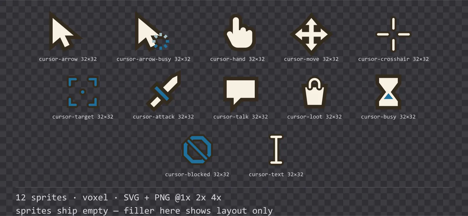 Sheet showing 12 voxel mouse cursors from the Sandbox family, arranged on a transparency checkerboard with their pixel sizes printed underneath