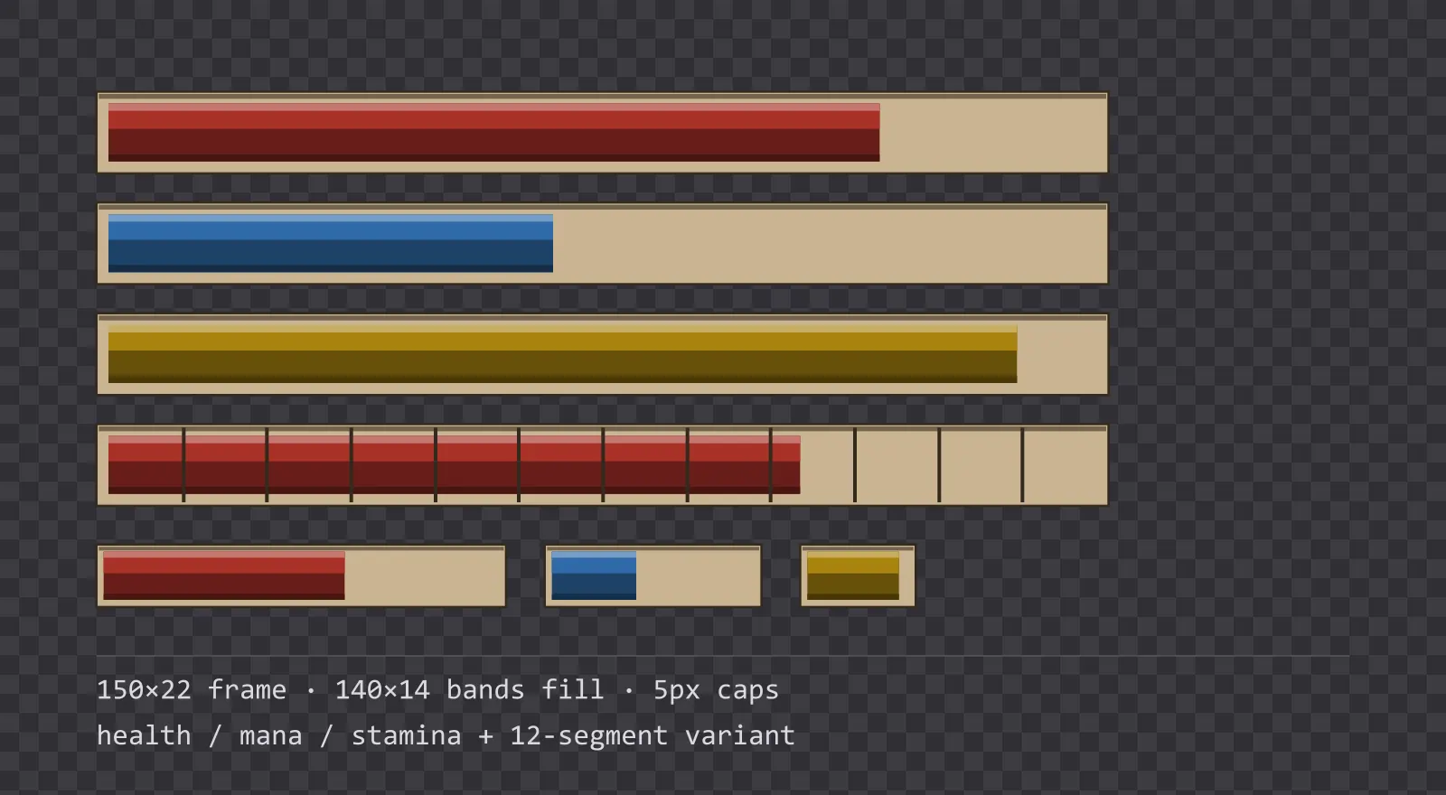 Three horizontal game status bars stacked on a checkerboard background, filled to different levels for health, mana and stamina, with a segmented 12-notch bar and three smaller bars beneath them