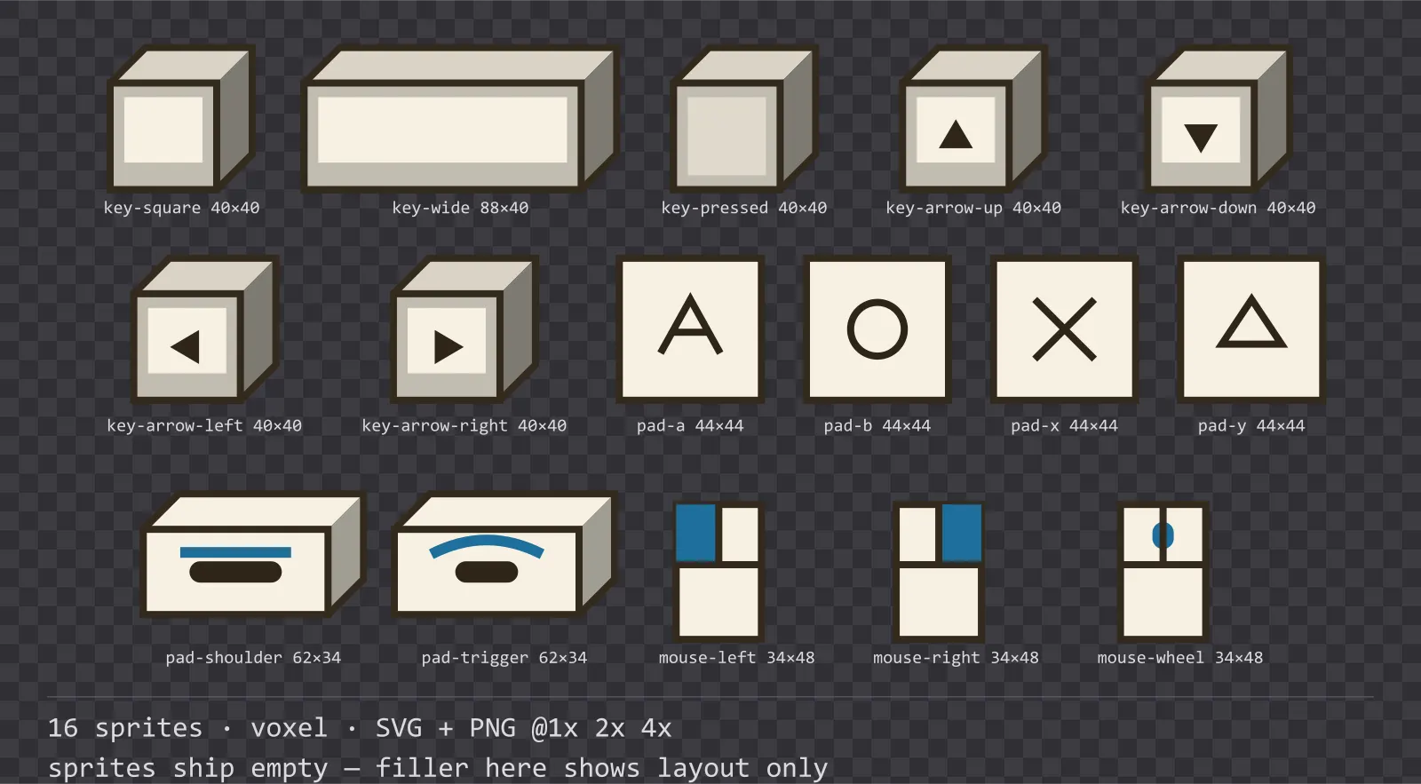 Sheet showing 16 voxel input prompt sprites from the Sandbox family, arranged on a transparency checkerboard with their pixel sizes printed underneath