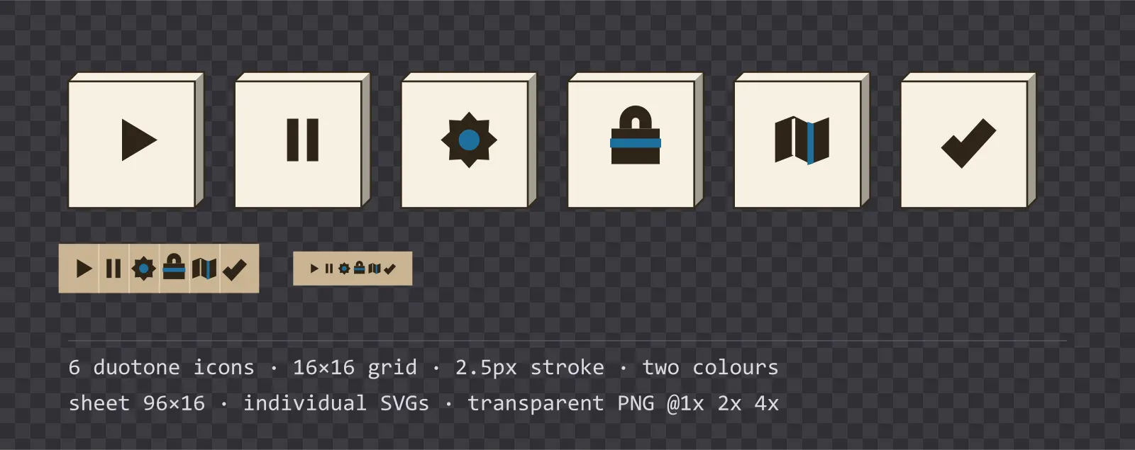 Six two-tone game menu icons on warm sand tiles, shown large, laid out on a sheet grid, and again at actual 16 pixel size