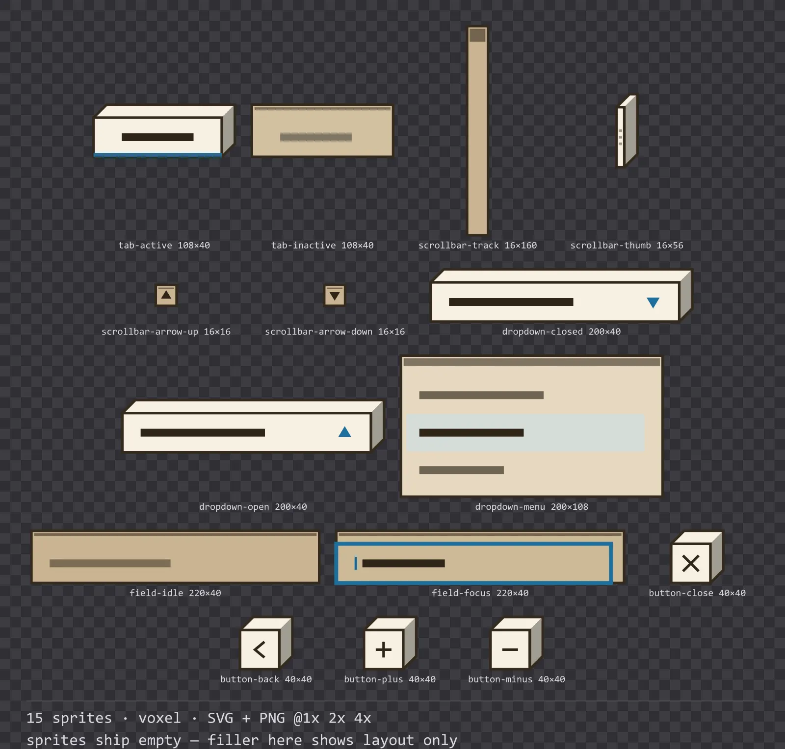 Sheet showing 15 voxel navigation and input components from the Sandbox family, arranged on a transparency checkerboard with their pixel sizes printed underneath