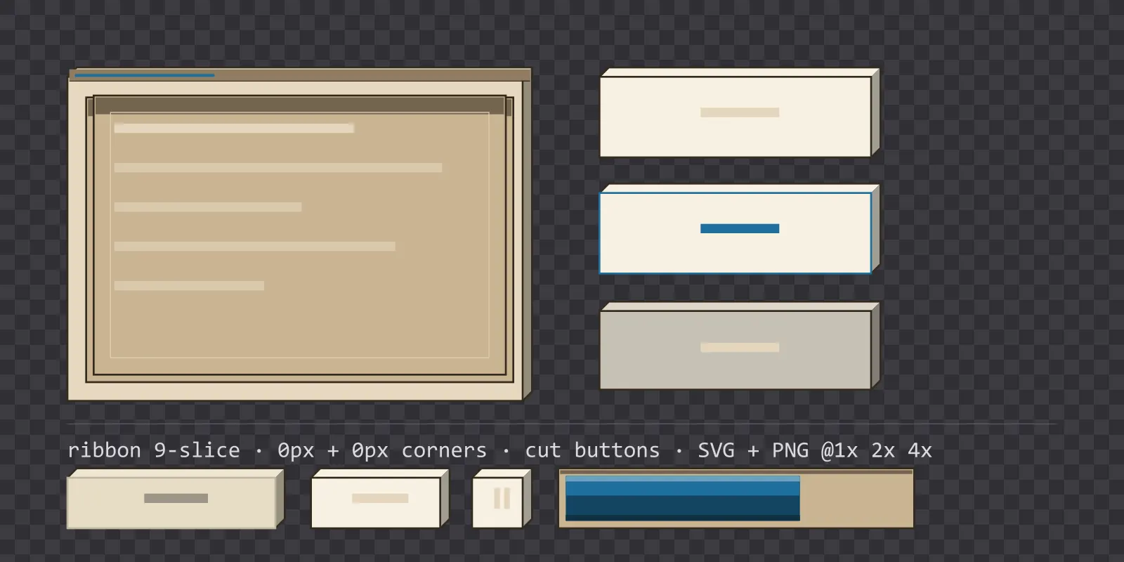 warm sand game menu panel with a sky blue title strip and a recessed list area, next to a column showing the same chamfered button in default, outlined hover and pushed-in pressed states