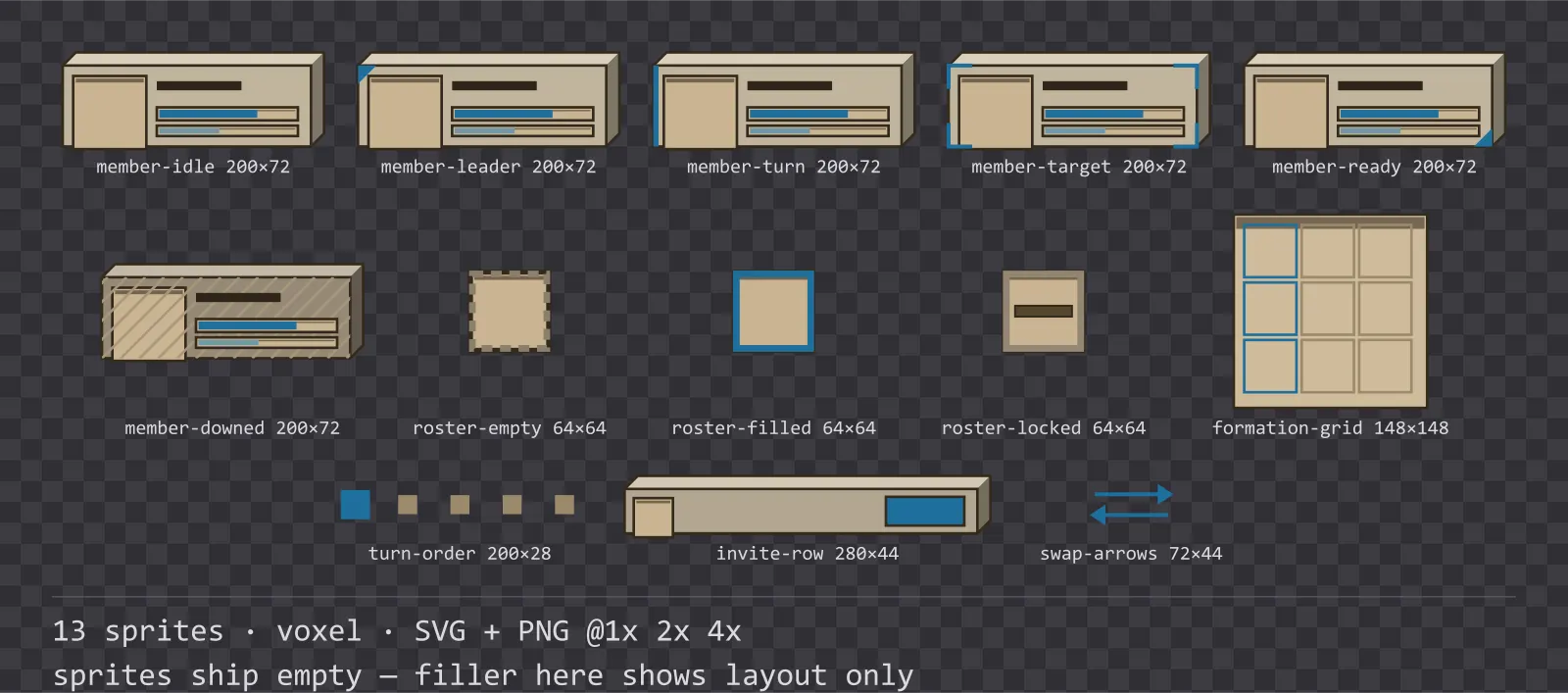 Sheet showing 13 voxel party and roster widgets from the Sandbox family, arranged on a transparency checkerboard with their pixel sizes printed underneath