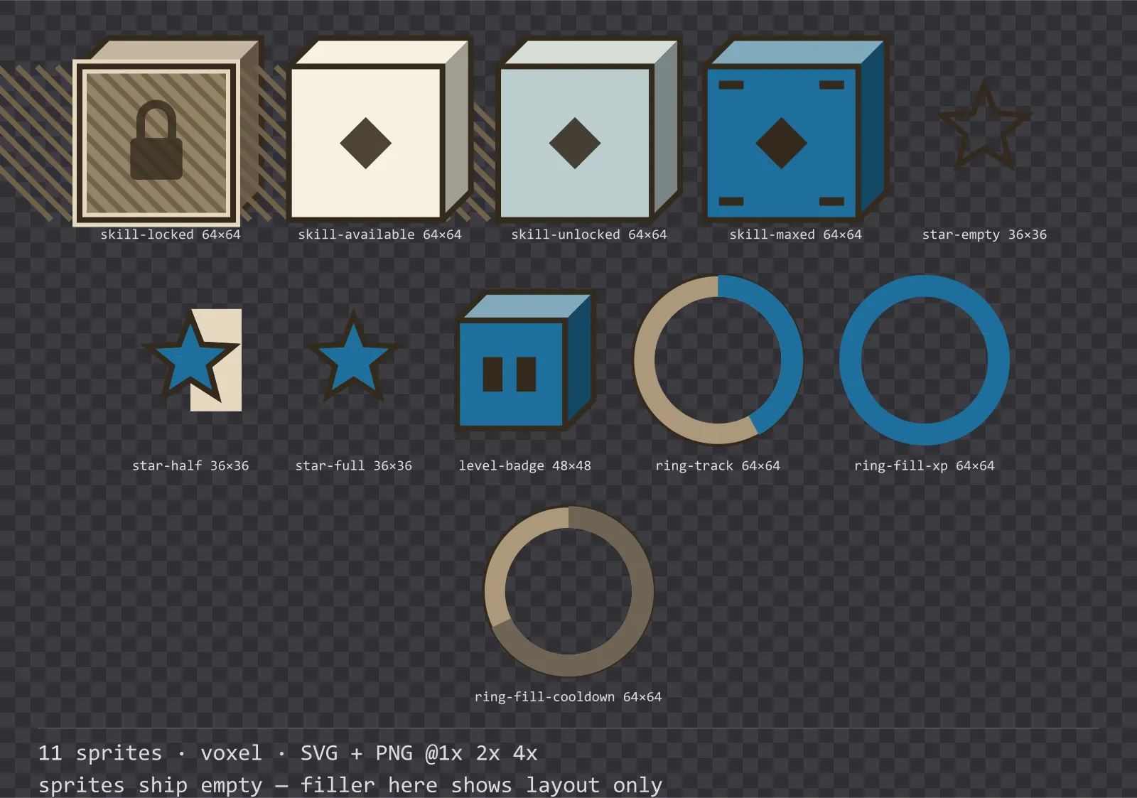 Sheet showing 11 voxel progression and reward components from the Sandbox family, arranged on a transparency checkerboard with their pixel sizes printed underneath