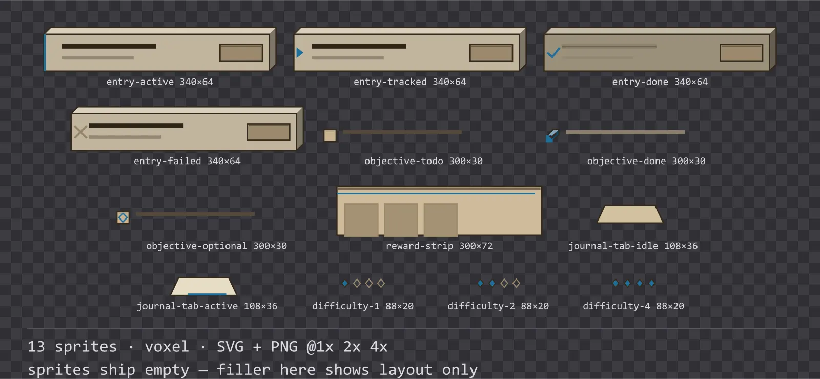 Sheet showing 13 voxel quest log and objective widgets from the Sandbox family, arranged on a transparency checkerboard with their pixel sizes printed underneath