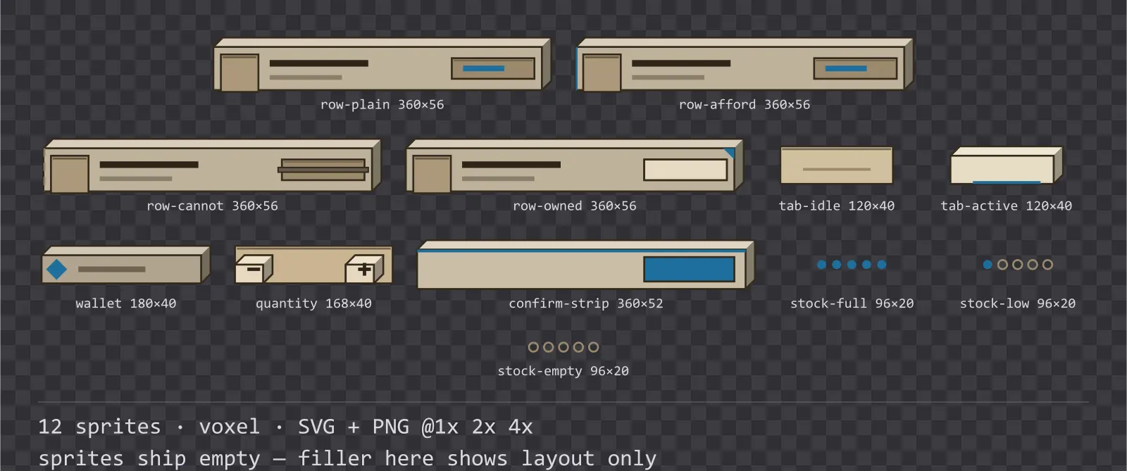 Sheet showing 12 voxel shop and economy widgets from the Sandbox family, arranged on a transparency checkerboard with their pixel sizes printed underneath
