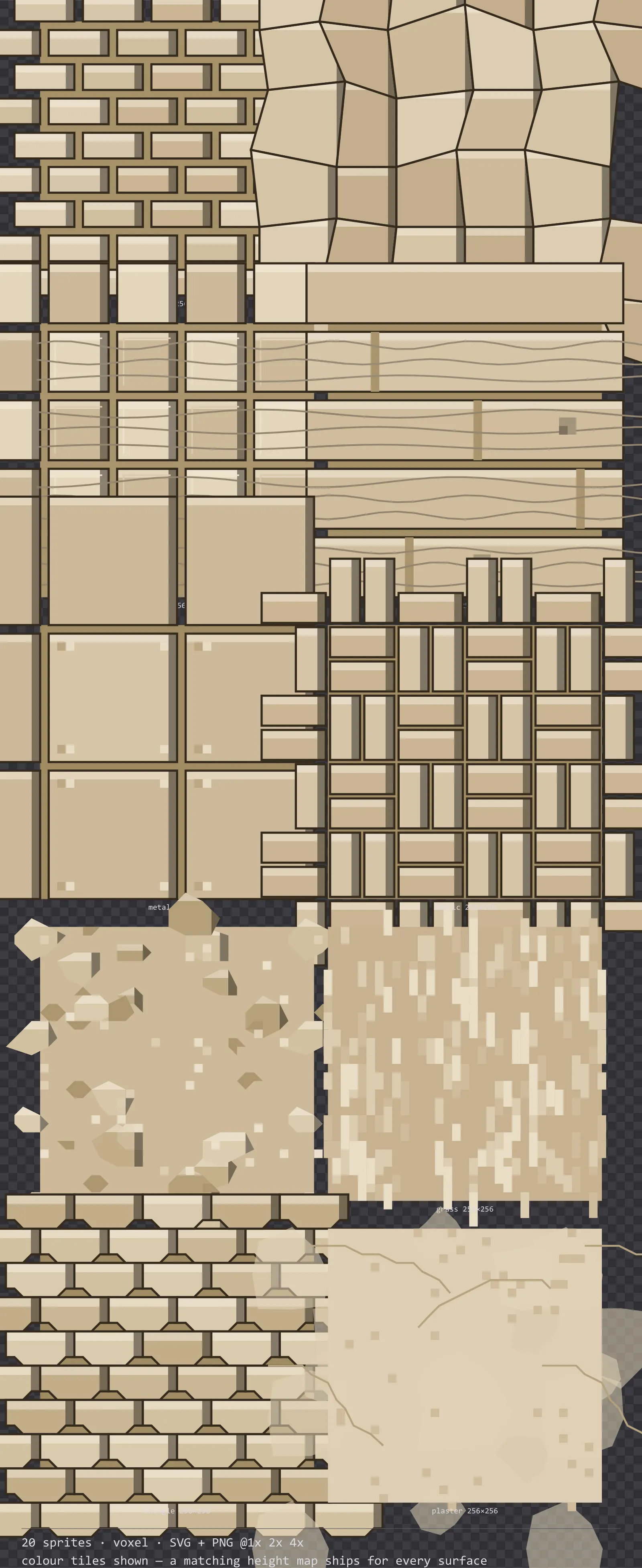 Sheet showing 20 voxel tiling surface textures from the Sandbox family, arranged on a transparency checkerboard with their pixel sizes printed underneath