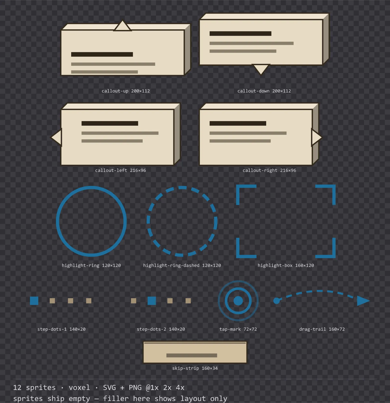 Sheet showing 12 voxel tutorial and onboarding markers from the Sandbox family, arranged on a transparency checkerboard with their pixel sizes printed underneath