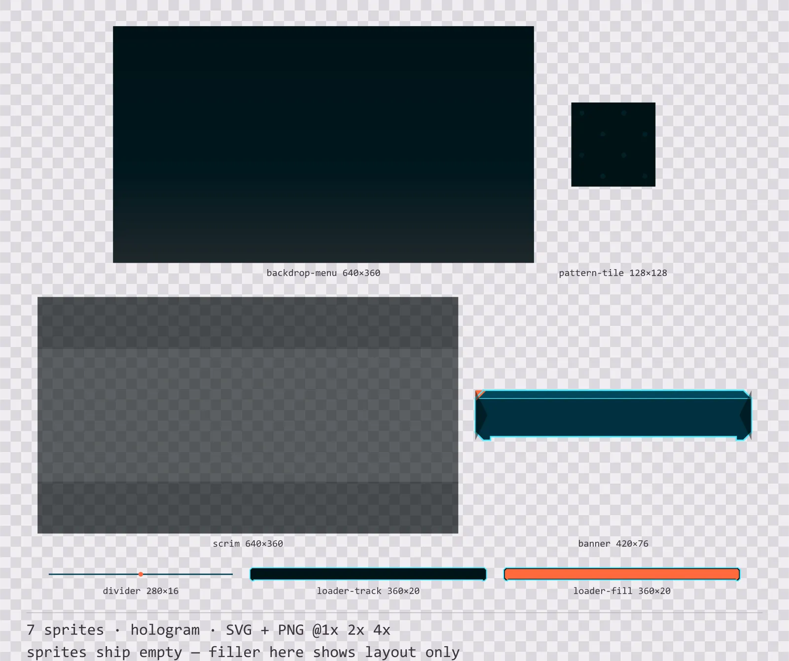 Sheet showing 7 hologram background and overlay pieces from the Scanline family, arranged on a transparency checkerboard with their pixel sizes printed underneath