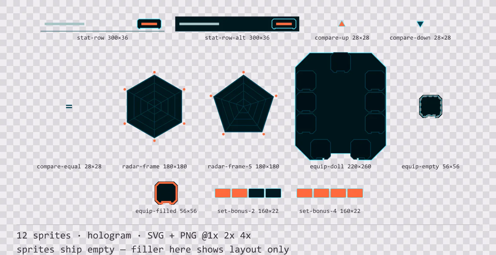 Sheet showing 12 hologram character sheet and stat widgets from the Scanline family, arranged on a transparency checkerboard with their pixel sizes printed underneath