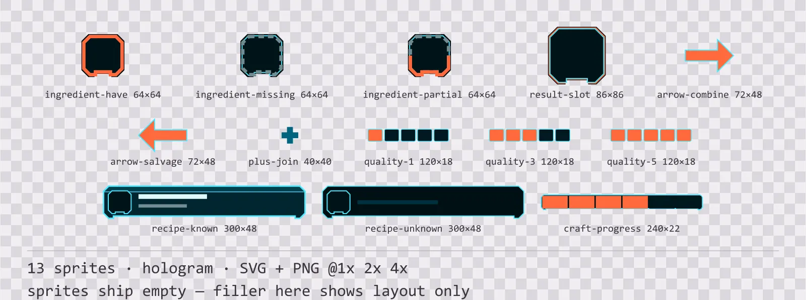 Sheet showing 13 hologram crafting and recipe widgets from the Scanline family, arranged on a transparency checkerboard with their pixel sizes printed underneath