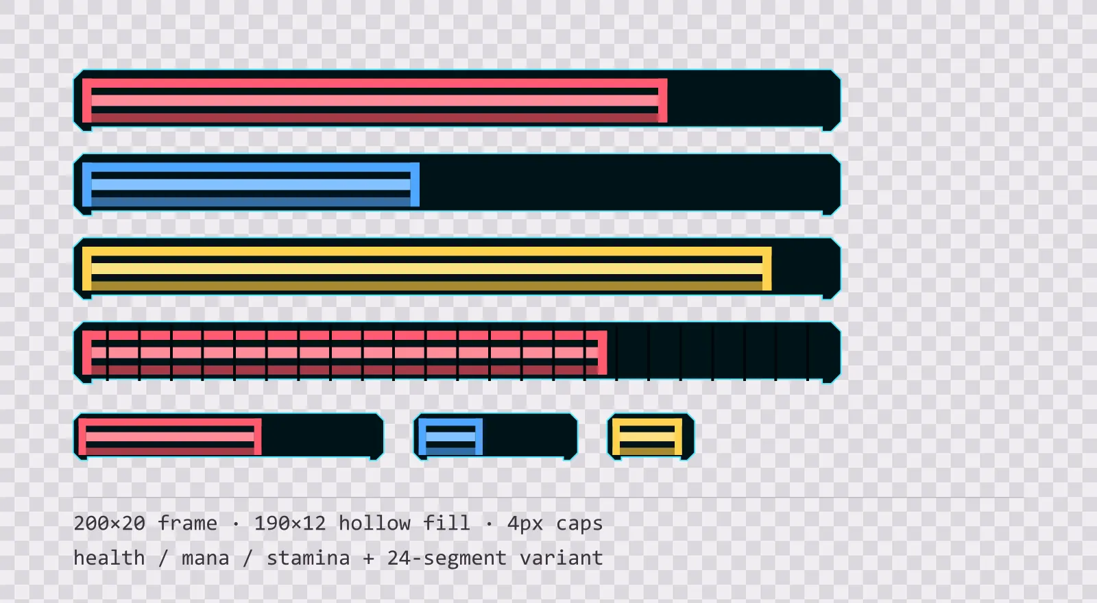 Three horizontal game status bars stacked on a checkerboard background, filled to different levels for health, mana and stamina, with a segmented 24-notch bar and three smaller bars beneath them