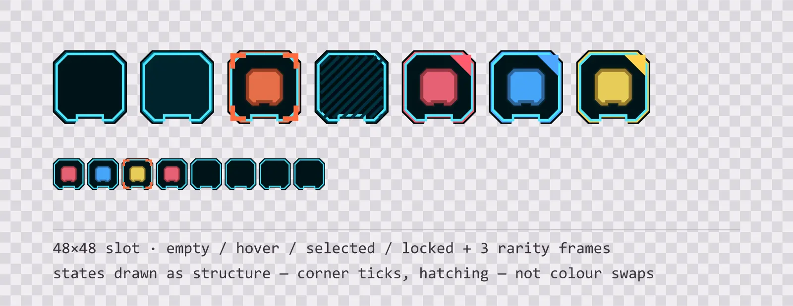 A row of square game inventory slots on a checkerboard background showing empty, hover, selected with corner ticks, and diagonally hatched locked states, followed by coloured rarity frames and a tiled eight-slot grid