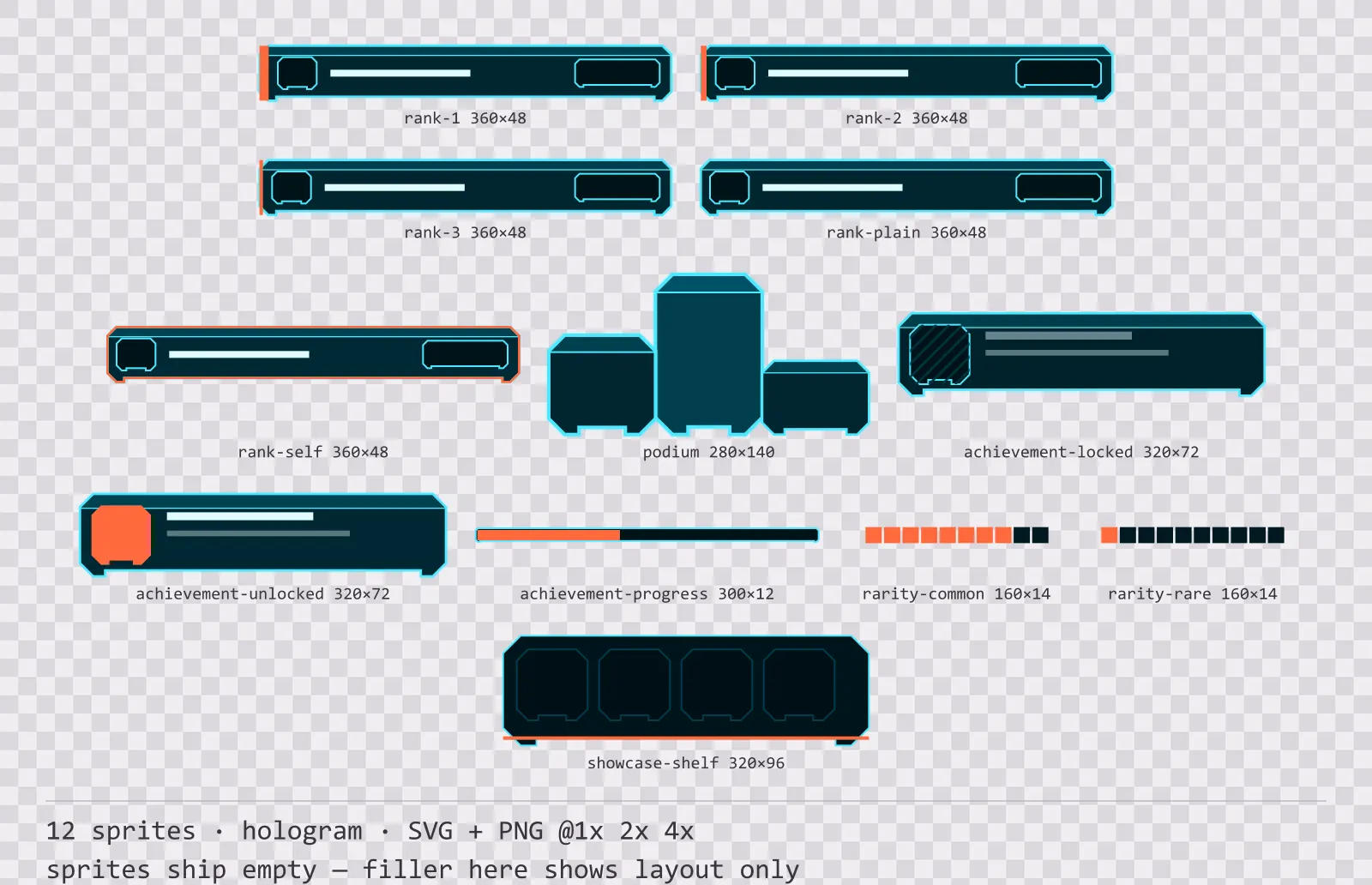 Sheet showing 12 hologram leaderboard and achievement widgets from the Scanline family, arranged on a transparency checkerboard with their pixel sizes printed underneath