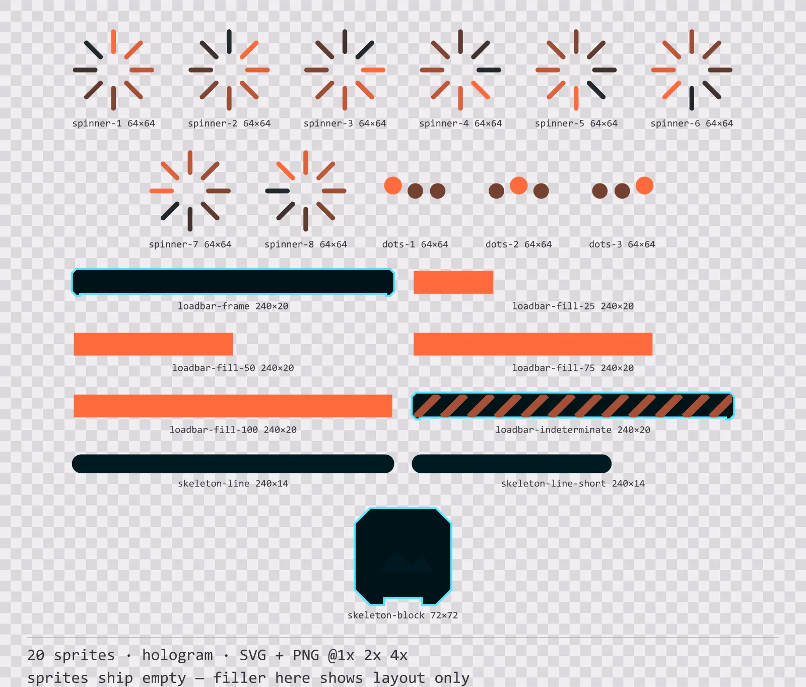 Sheet showing 20 hologram loading and waiting indicators from the Scanline family, arranged on a transparency checkerboard with their pixel sizes printed underneath
