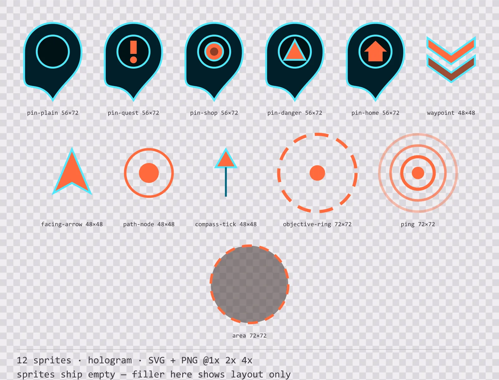 Sheet showing 12 hologram map markers and world indicators from the Scanline family, arranged on a transparency checkerboard with their pixel sizes printed underneath