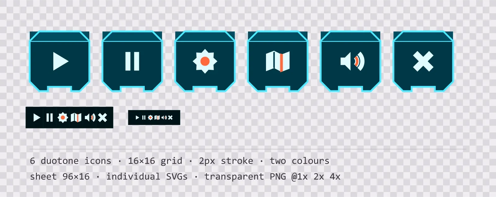 Six two-tone game menu icons on deep scan tiles, shown large, laid out on a sheet grid, and again at actual 16 pixel size