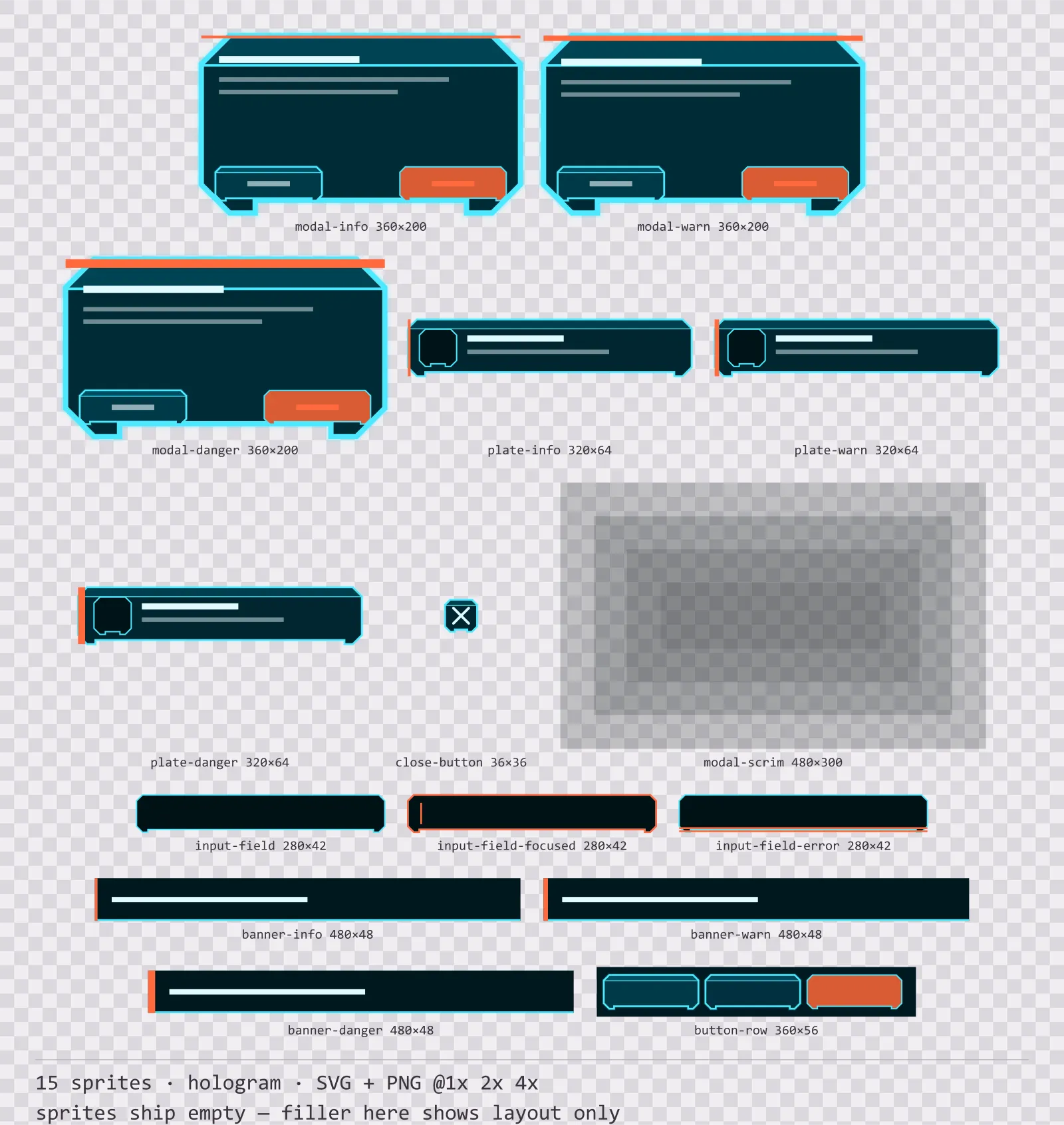 Sheet showing 15 hologram modal dialogs and system notices from the Scanline family, arranged on a transparency checkerboard with their pixel sizes printed underneath