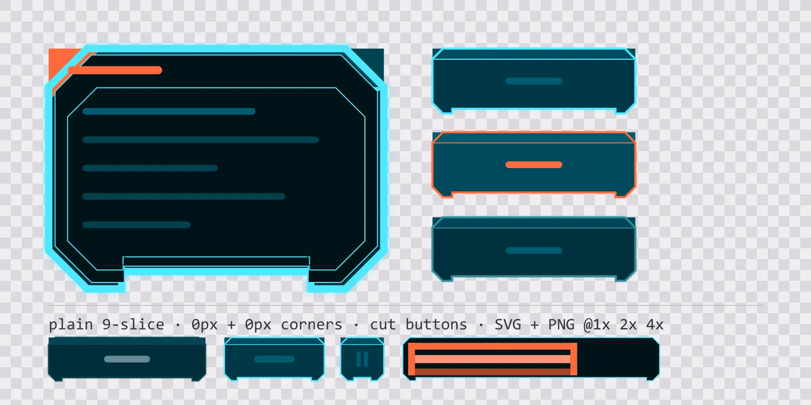 deep scan game menu panel with a ember orange title strip and a recessed list area, next to a column showing the same chamfered button in default, outlined hover and pushed-in pressed states