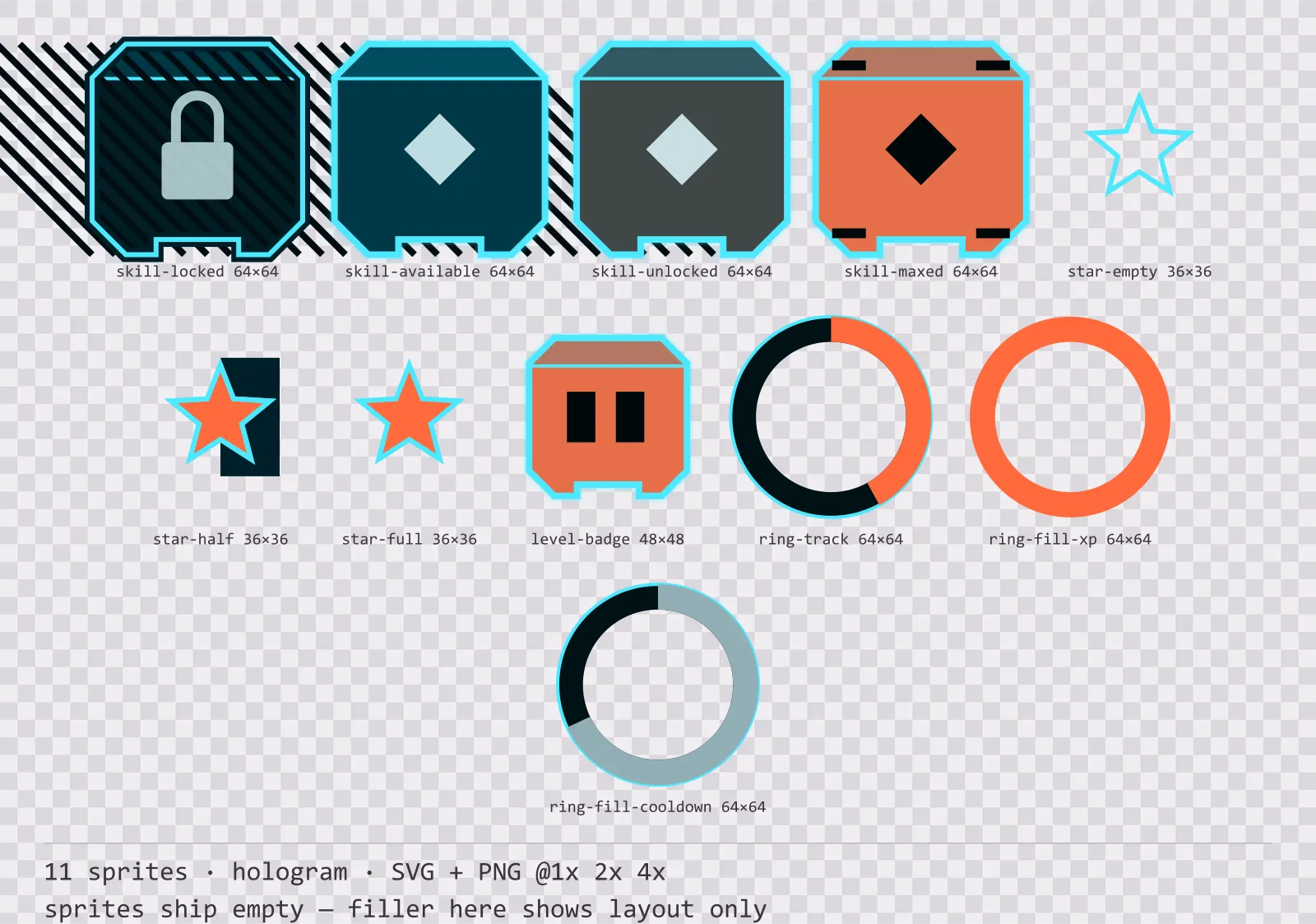 Sheet showing 11 hologram progression and reward components from the Scanline family, arranged on a transparency checkerboard with their pixel sizes printed underneath