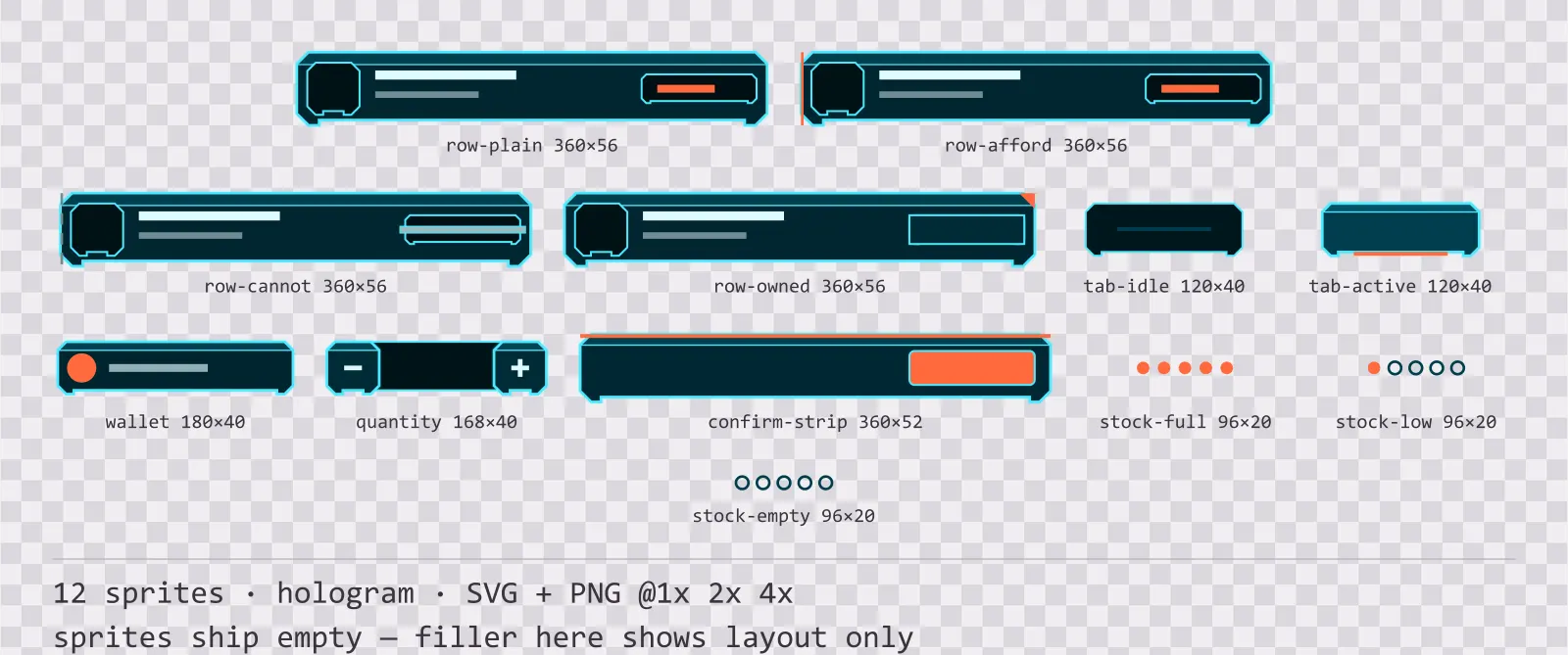 Sheet showing 12 hologram shop and economy widgets from the Scanline family, arranged on a transparency checkerboard with their pixel sizes printed underneath