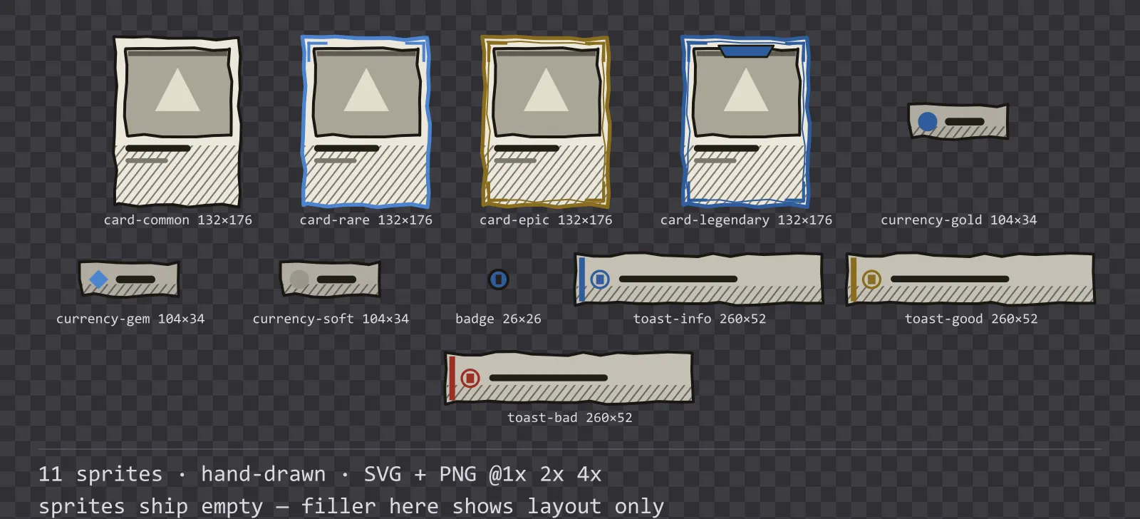 Sheet showing 11 hand-drawn card, currency and notification components from the Sketch family, arranged on a transparency checkerboard with their pixel sizes printed underneath