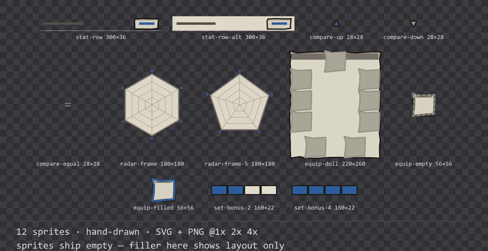 Sheet showing 12 hand-drawn character sheet and stat widgets from the Sketch family, arranged on a transparency checkerboard with their pixel sizes printed underneath